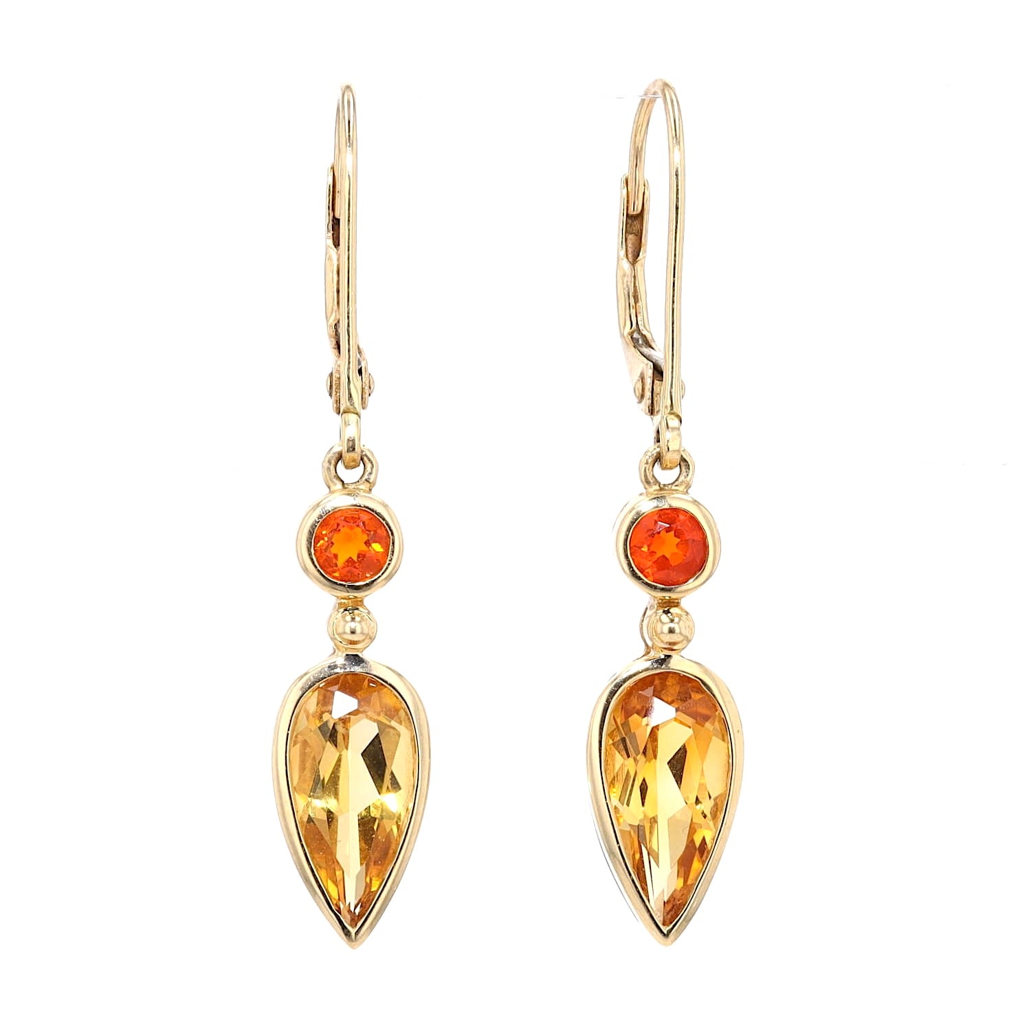 Earrings in 585 yellow gold, each with a fire opal and a citrine, hanging frontally