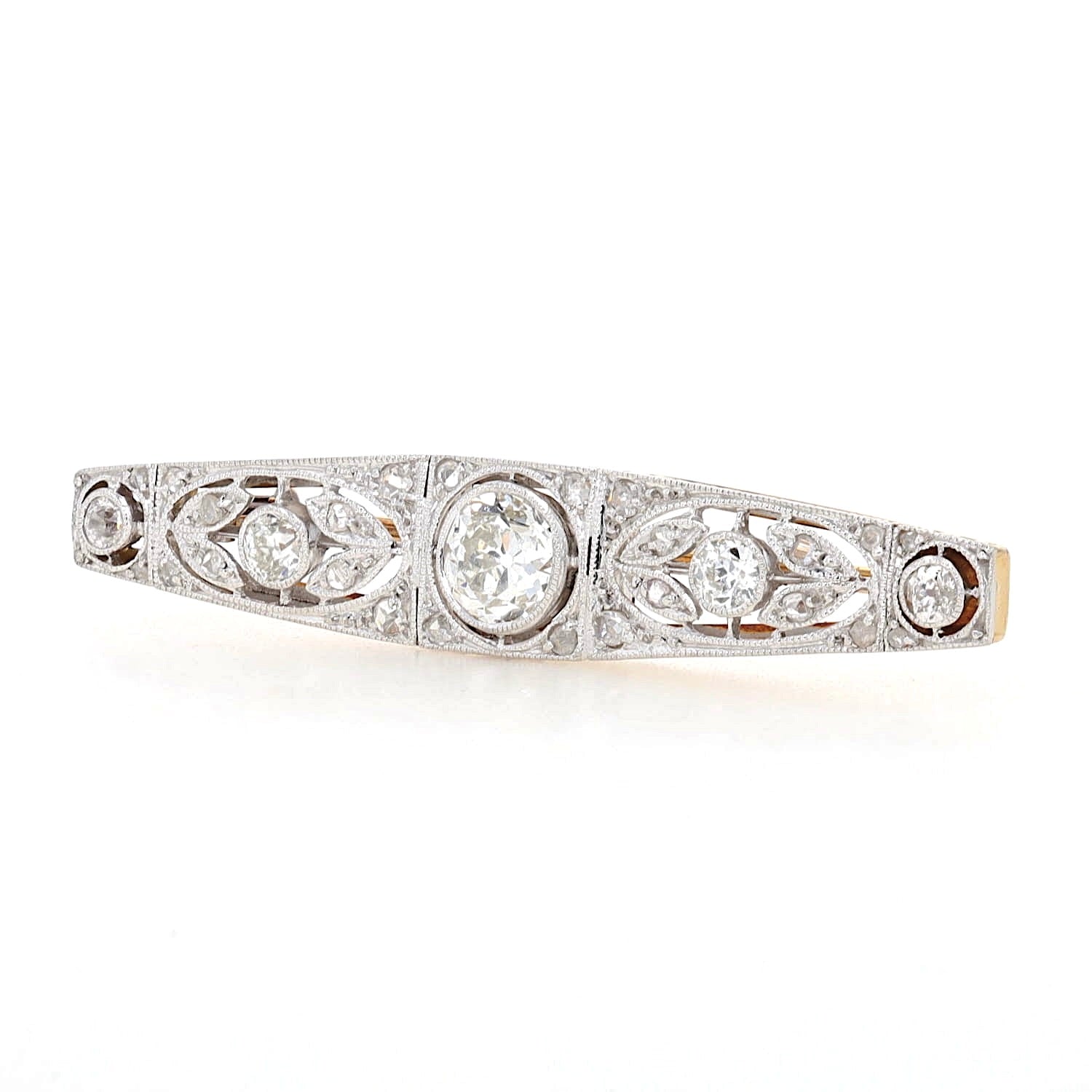 Fine Art Deco brooch in 585 yellow gold, platinum-plated with diamonds, turned left-handed