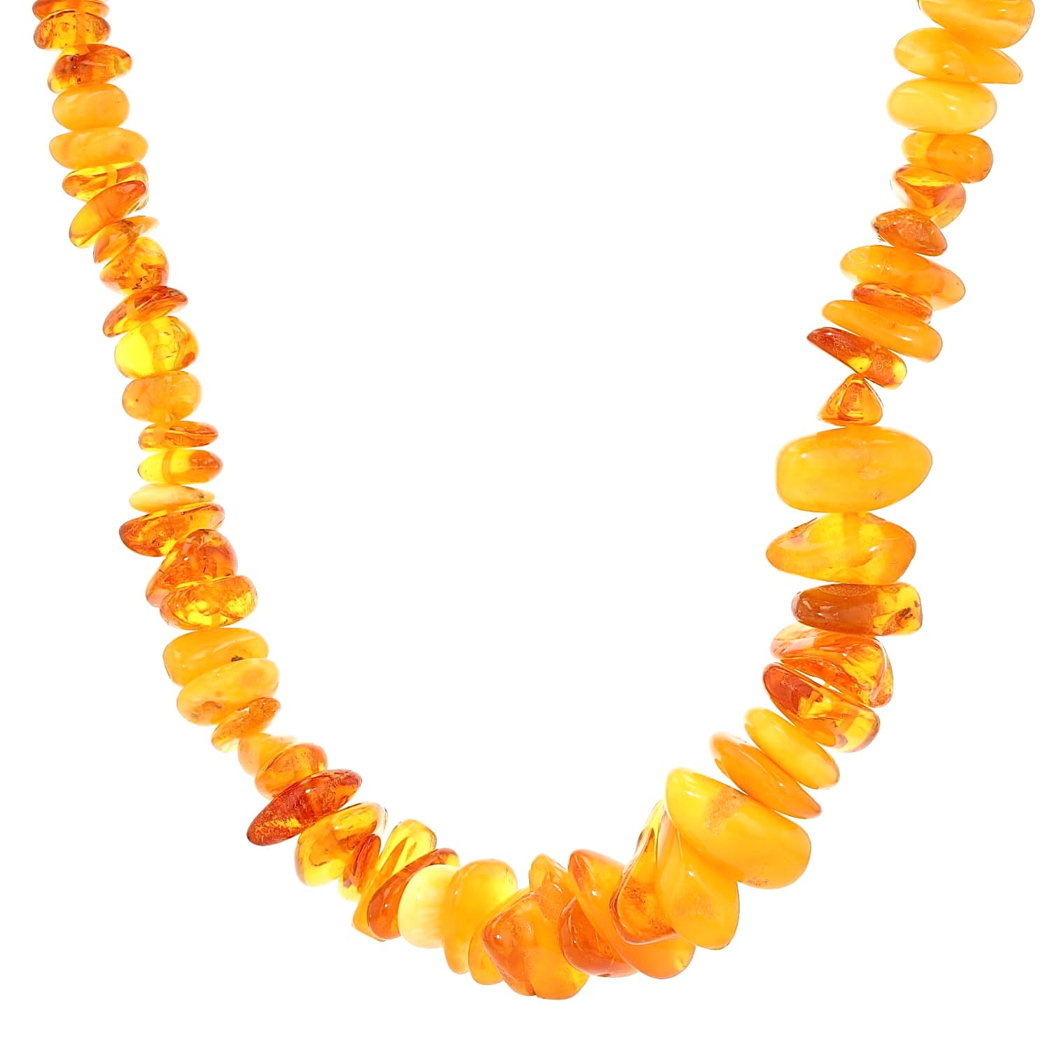 Large long vintage amber necklace, partly butterscotch, hanging slightly turned to the left