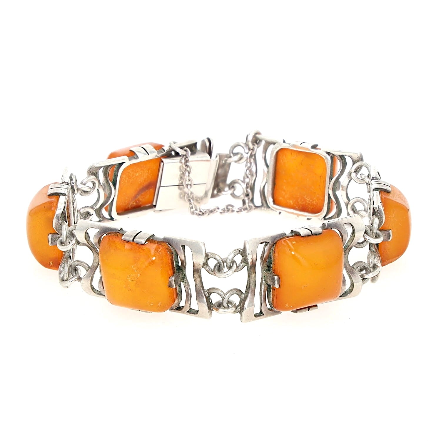 Vintage Armband in 800er Silber mit Honigbernsteinen, aufgestellt geschlossen frontal