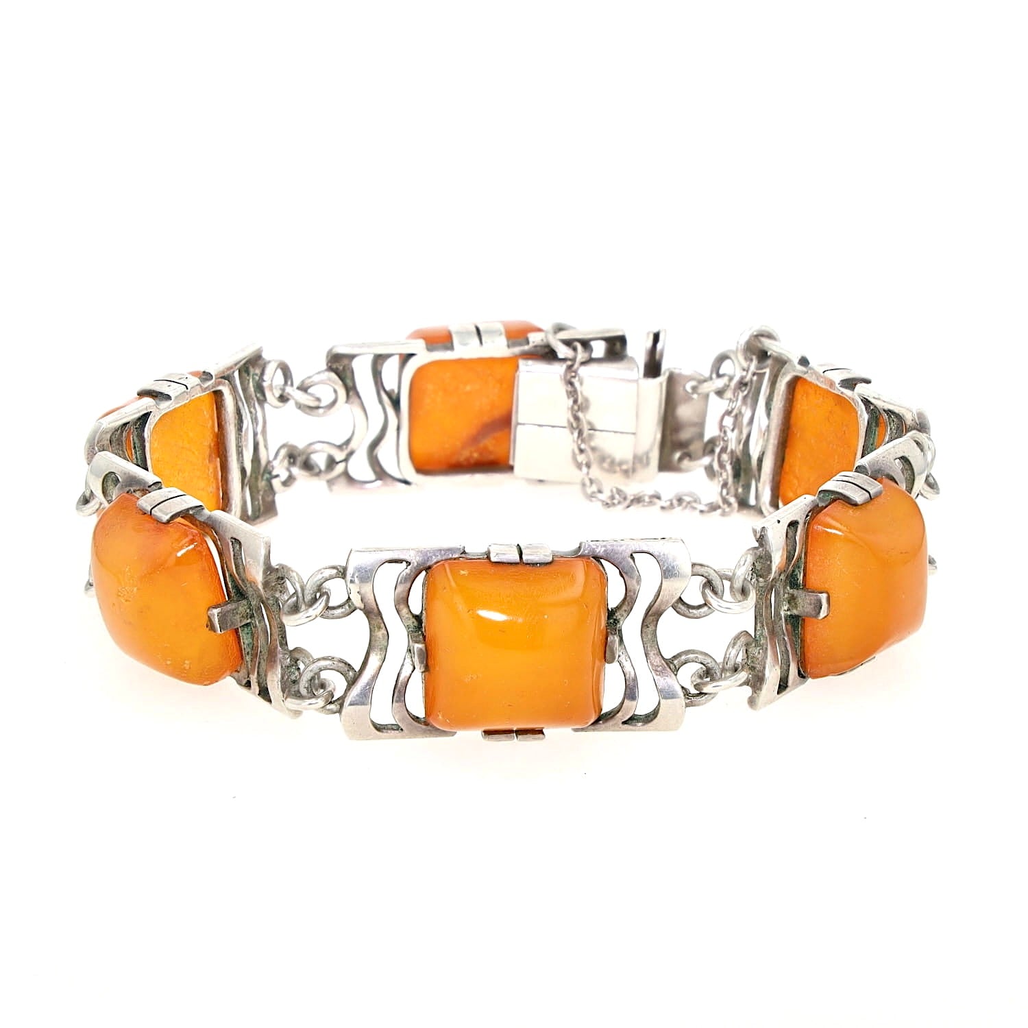 Vintage Armband in 800er Silber mit Honigbernsteinen, aufgestellt geschlossen leicht links gedreht