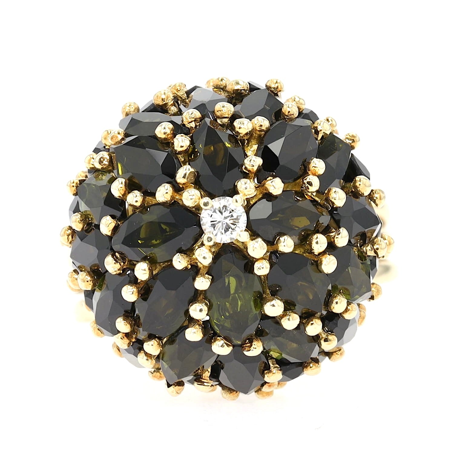 Cocktailring in 750er Gelbgold mit Turmalinen und einem Brillant, liegend frontal