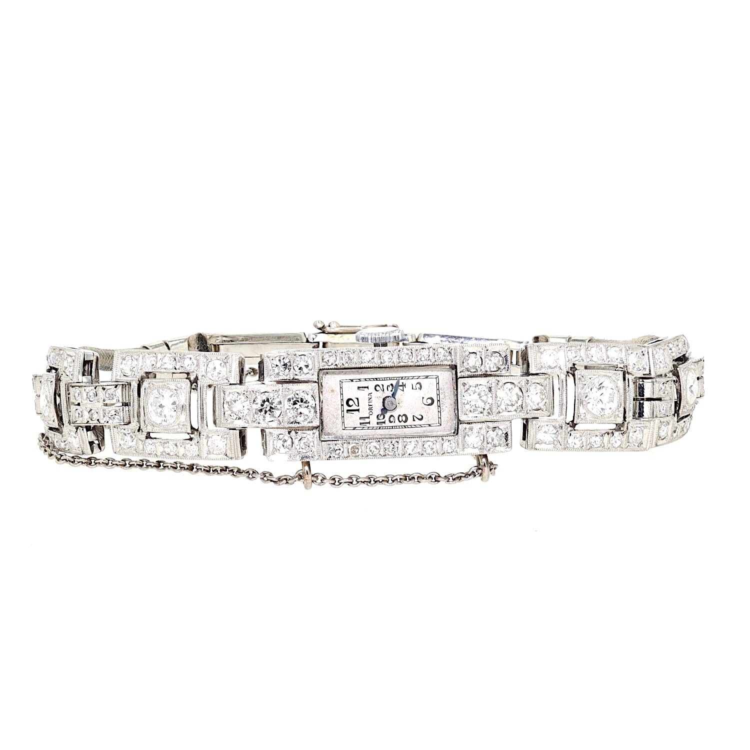 Art Déco Schmuckuhr Orfina mit insgesamt ca. 2,1 ct Diamanten und Brillanten, liegend frontal von vorne