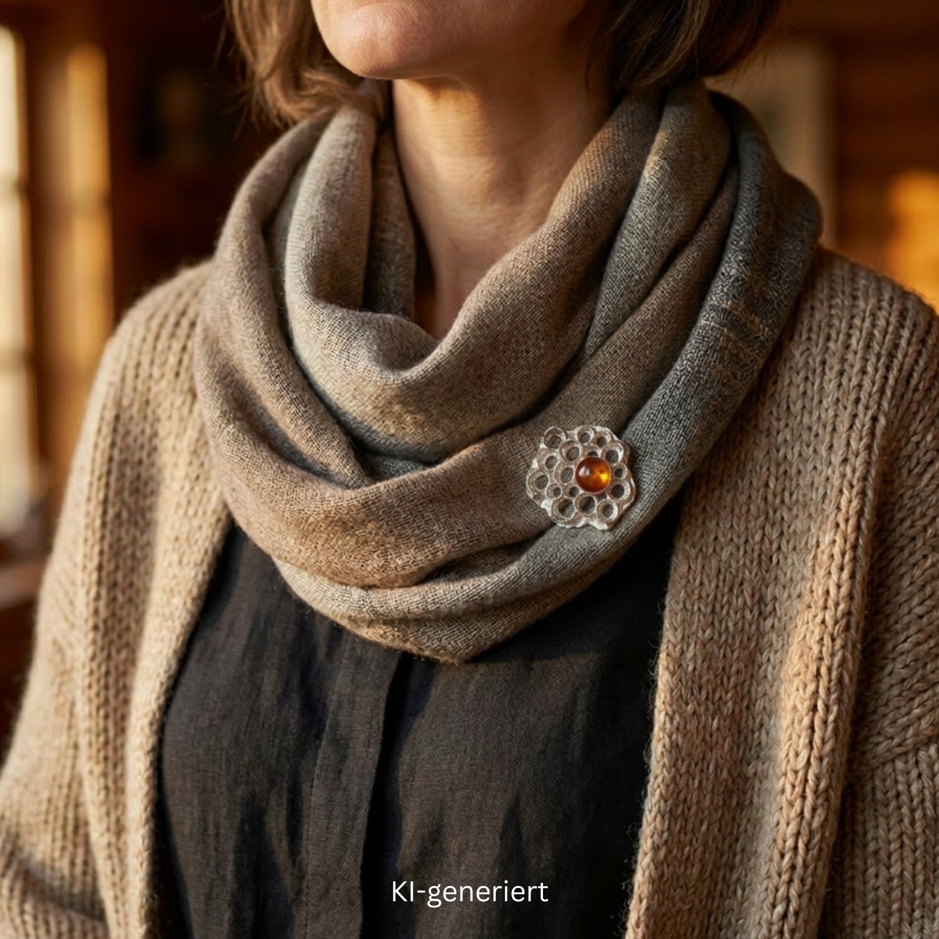 brooch from K&L Pforzheim in 835 silver with an amber, on the scarf of an AI-generated woman