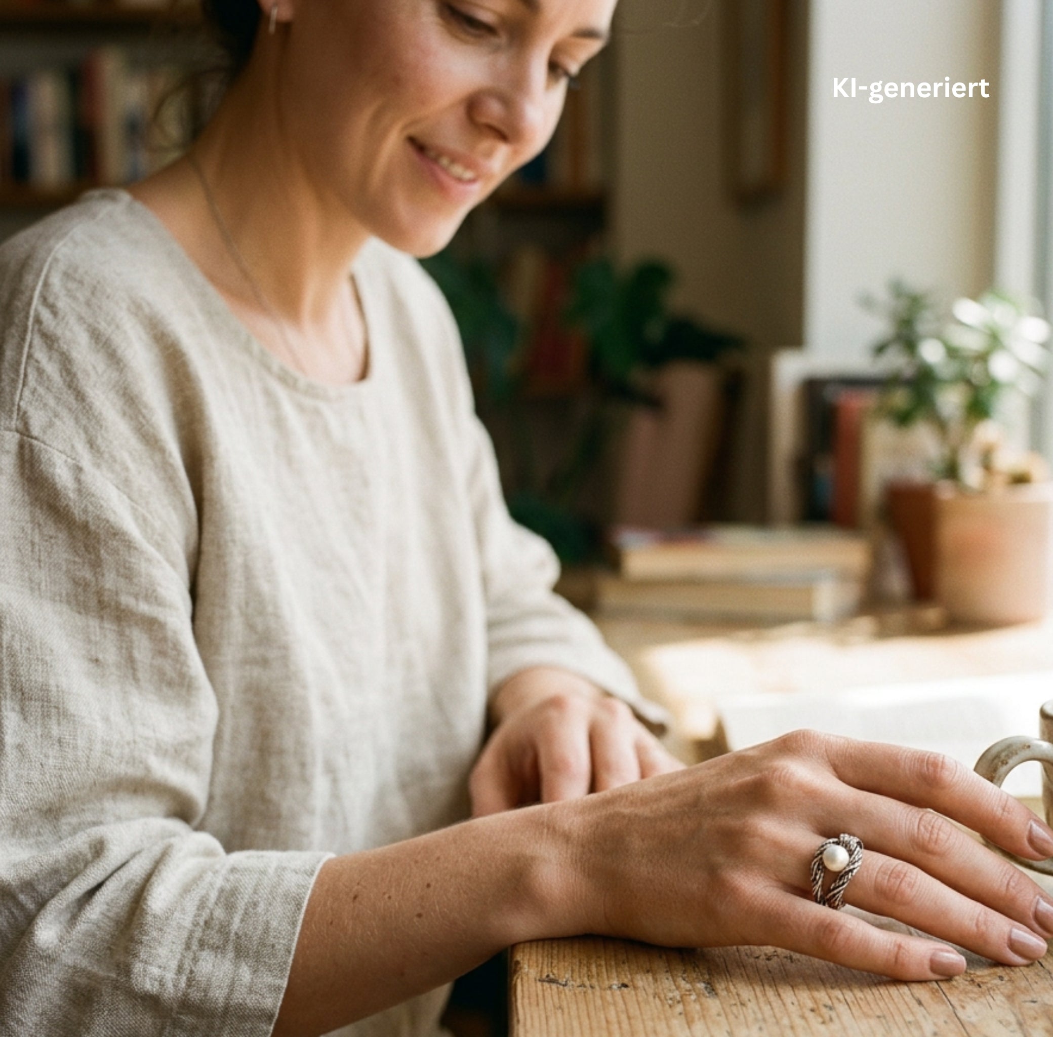 Ring PZ Israel made of 925 silver with a cultured pearl,Bouton, holding the hand of an AI-generated woman