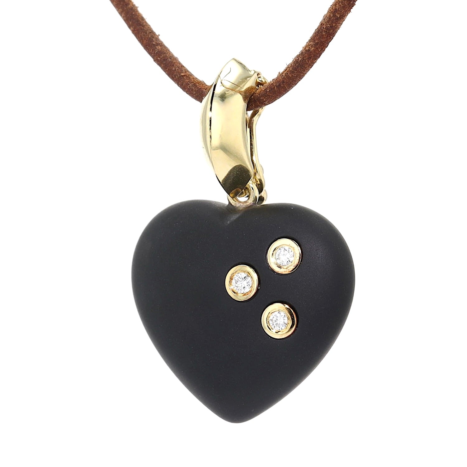 Anhänger mit einem Onyx-Herz, 585er Gold und drei Brillanten, hängend links gedreht