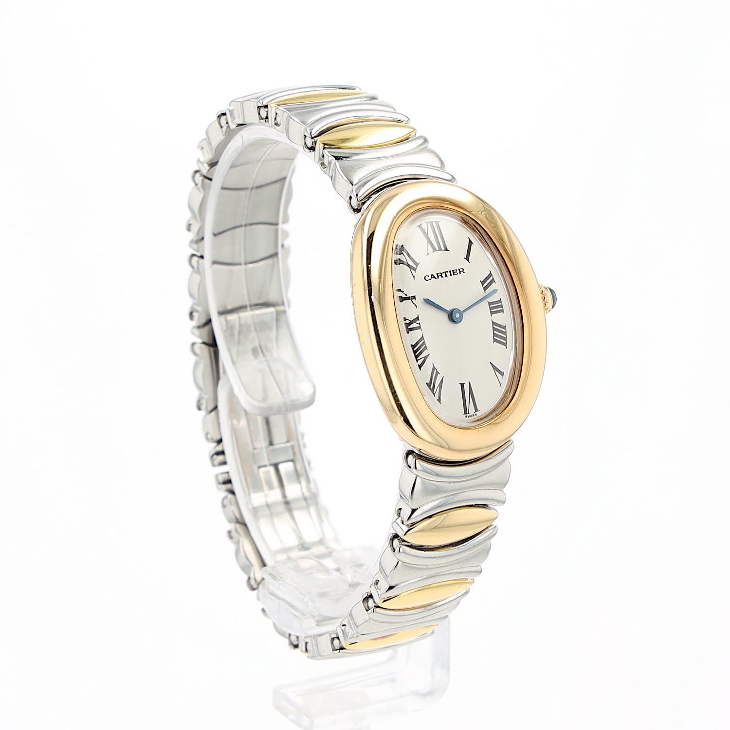 Cartier Baignoire Quartz ladies' wristwatch in 750 yellow gold and steel, full set, standing front slightly turned to the right