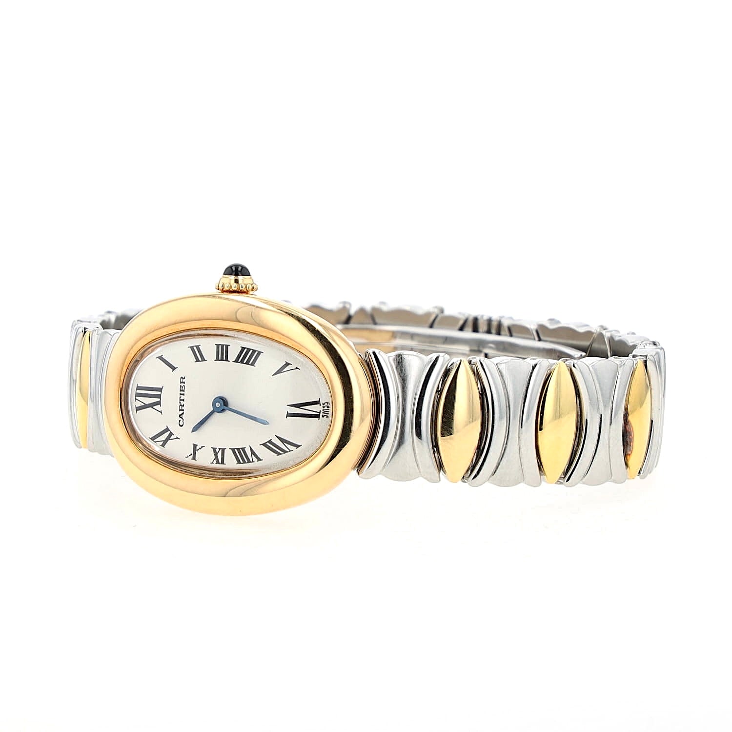 Cartier Baignoire Quartz-Damenarmbanduhr in 750er Gelbgold und Stahl, Full Set, liegend frontal leicht links gedreht