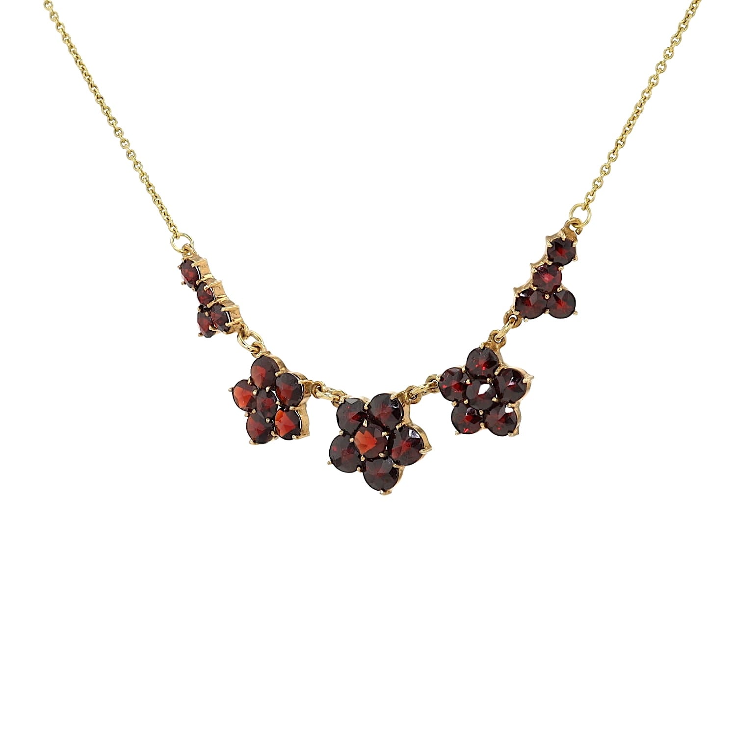 Collier in 333er Gelbgold mit Granaten, hängend links gedreht