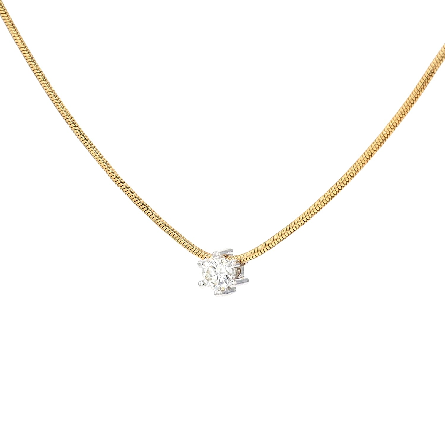 Schlangenkette mit einem Brillantanhänger in 750er Gelb- und Weißgold, hängend links gedreht