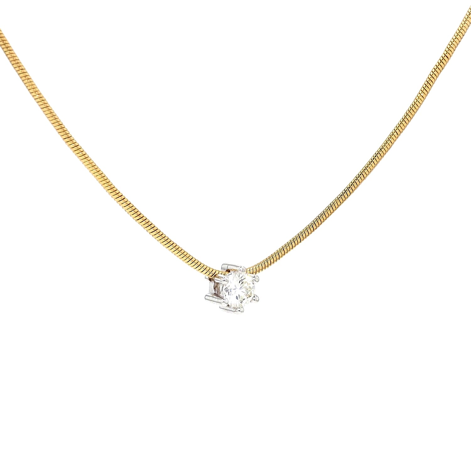 Schlangenkette mit einem Brillantanhänger in 750er Gelb- und Weißgold, hängend rechts gedreht
