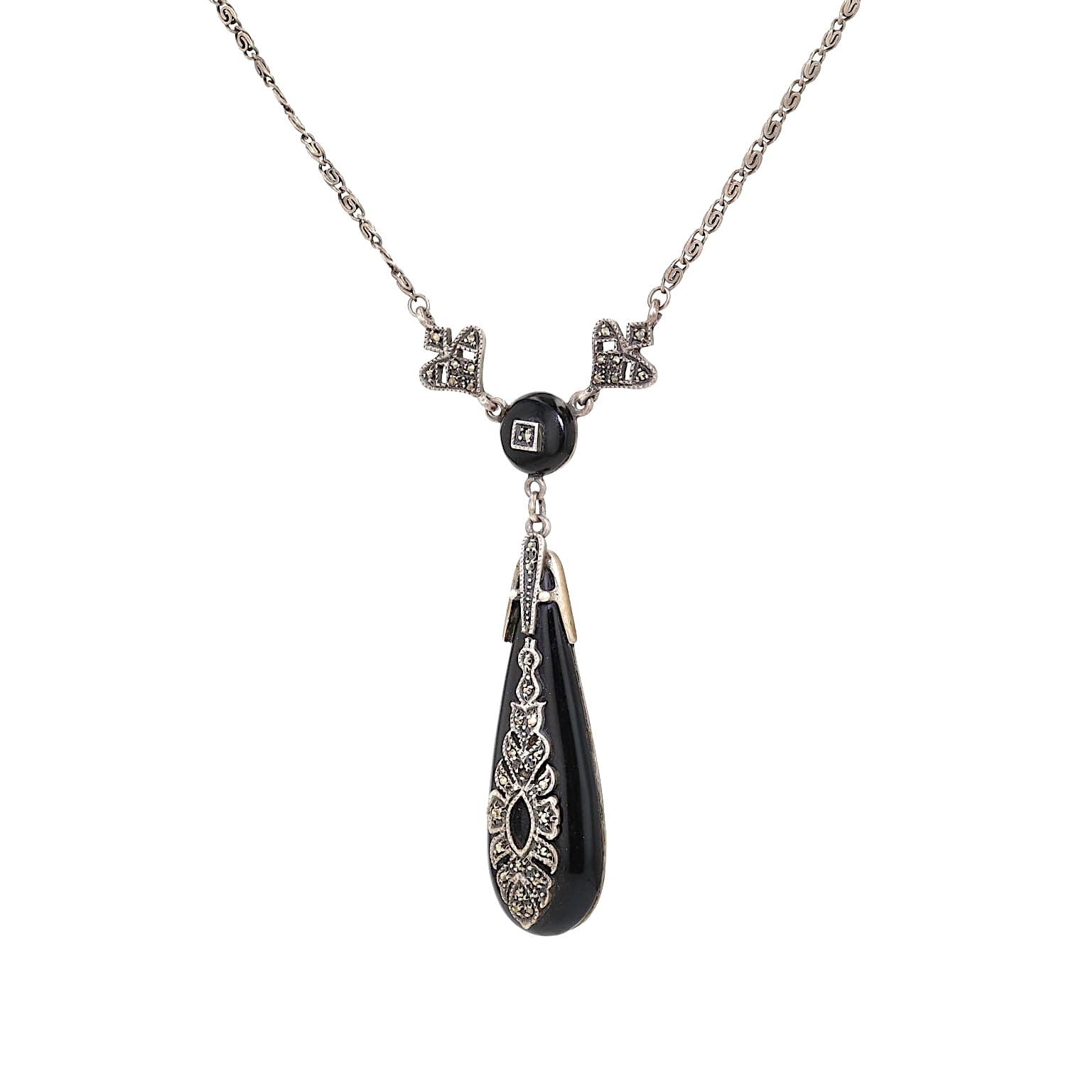 Art Deco necklace in 925 silver with onyx and marcasites, hanging turned left
