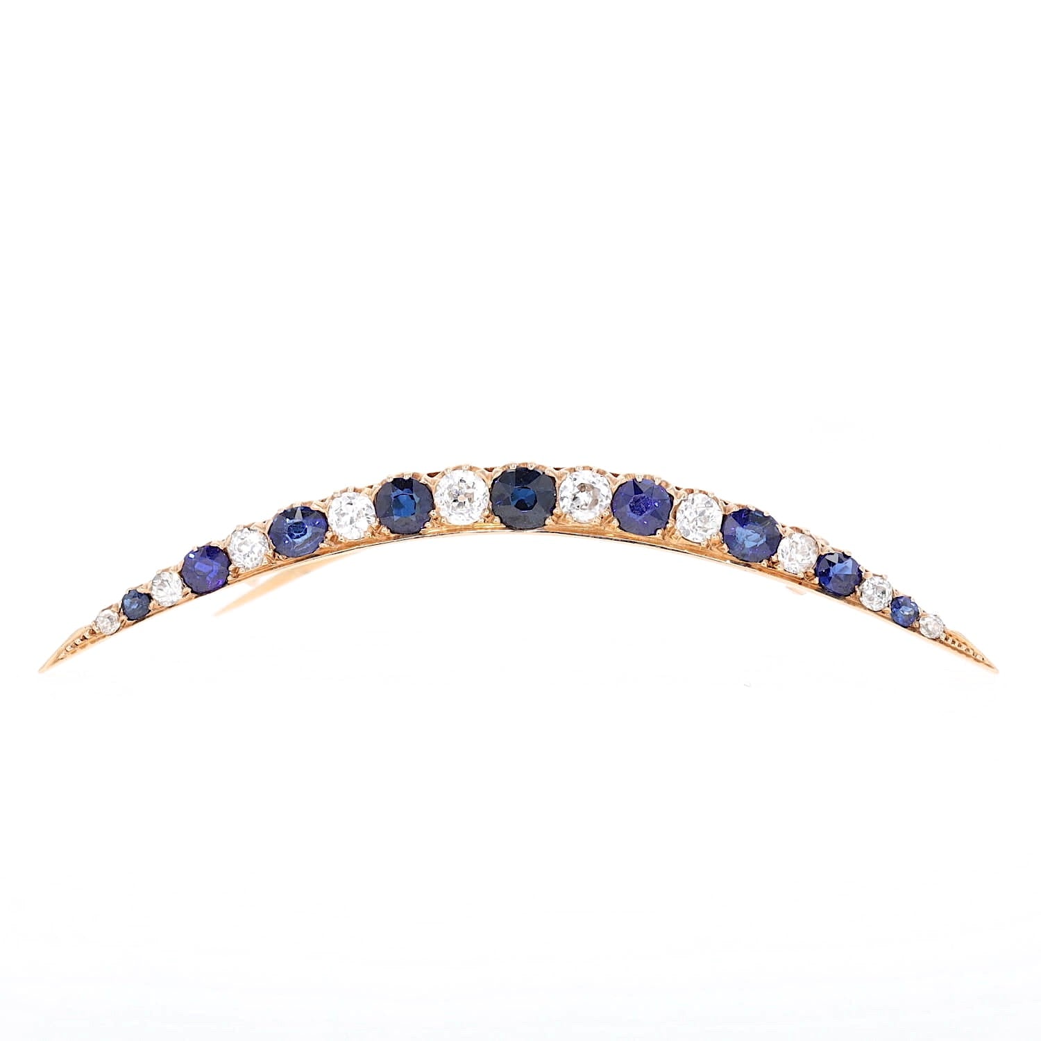 Viktorianische Halbmond-Brosche mit blauen Saphiren und Diamanten, stehend frontal