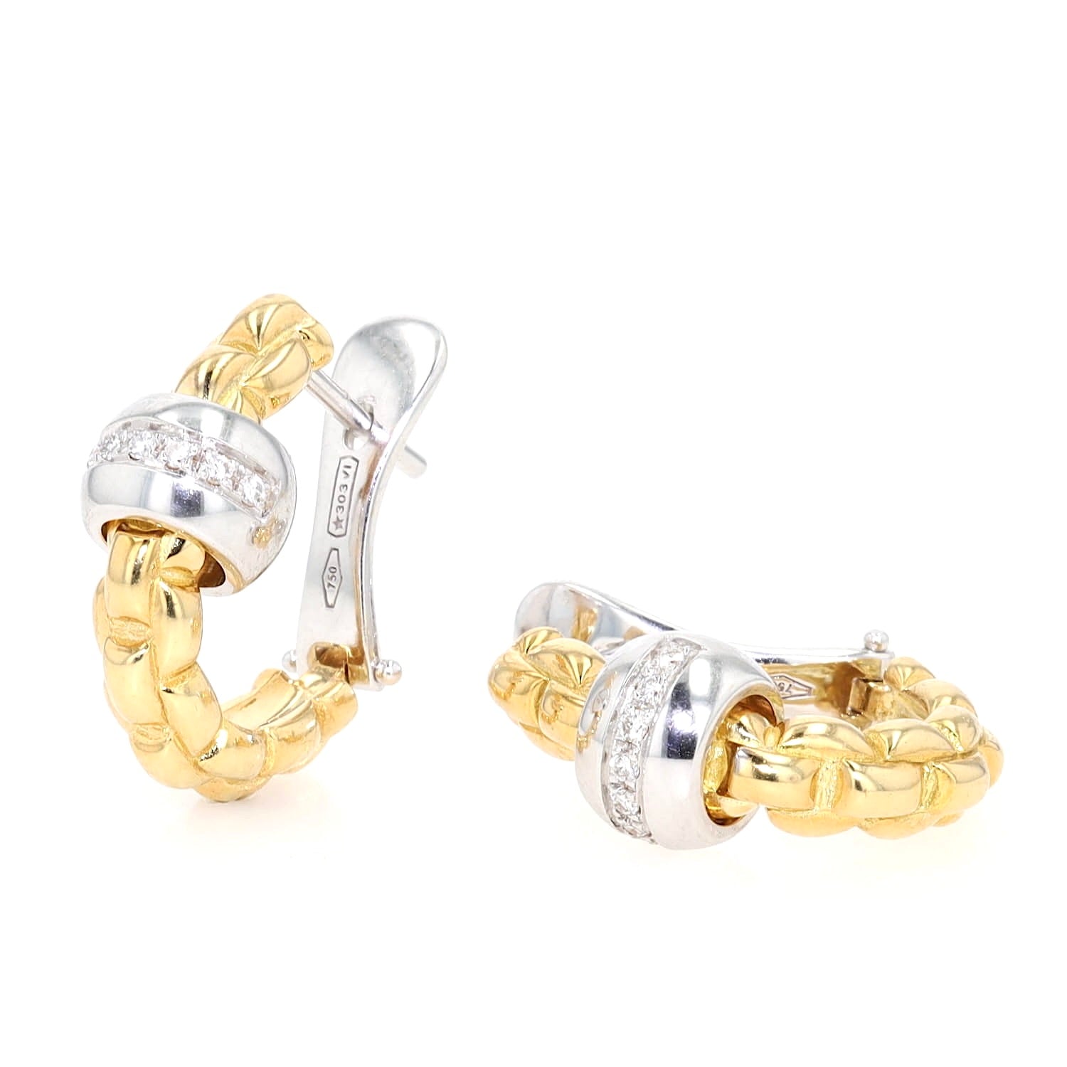 Fope Eka Flex`it Kreolen in 750er Gelbgold mit einer Ronde in Weißgold mit Brillanten, einer liegend einer stehen leicht links gedreht