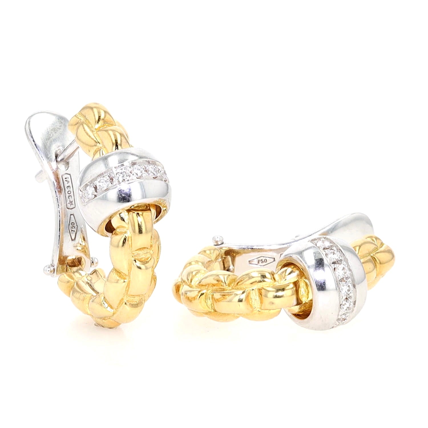 Fope Eka Flex`it Kreolen in 750er Gelbgold mit einer Ronde in Weißgold mit Brillanten, einer liegend einer stehen leicht rechts gedreht