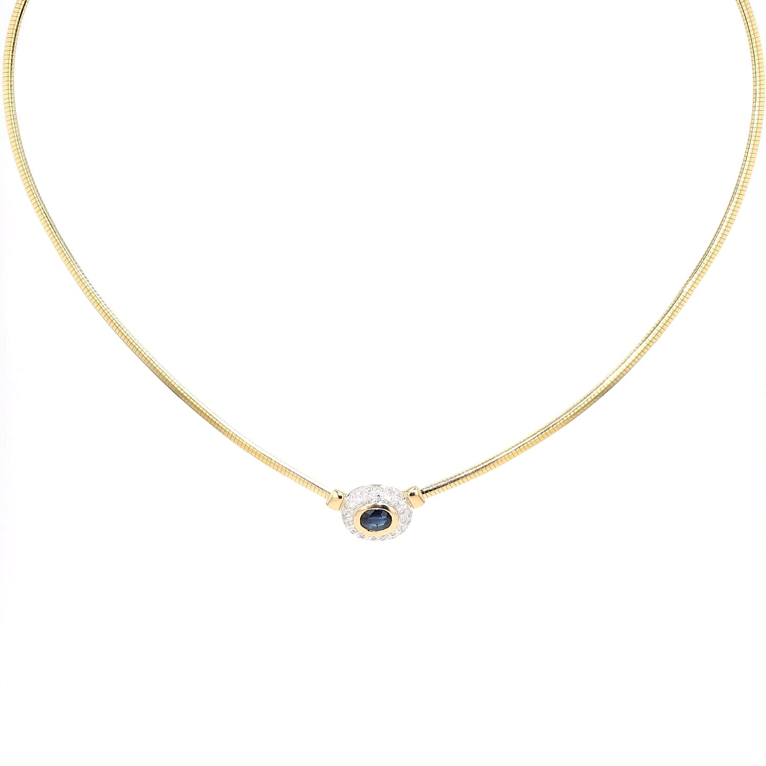 Collier in 585er Gelbgold mit einem blauen Saphir und Brillanten, hängend frontal