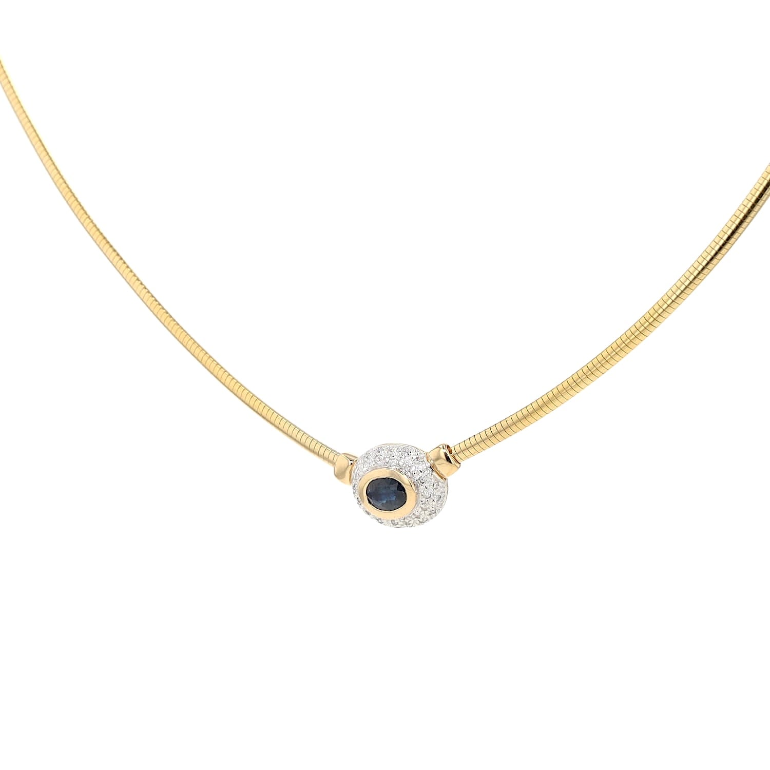 Collier in 585er Gelbgold mit einem blauen Saphir und Brillanten, hängend leicht links gedreht