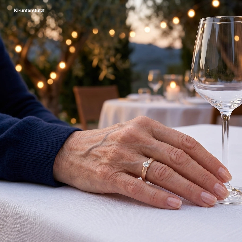 Ring in 750 yellow gold with a brilliant approx. 0.45 ct, on an AI-generated woman's hand