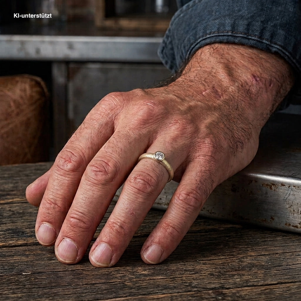 Ring in 750 yellow gold with a brilliant approx. 0.45 ct, on an AI-generated man's hand