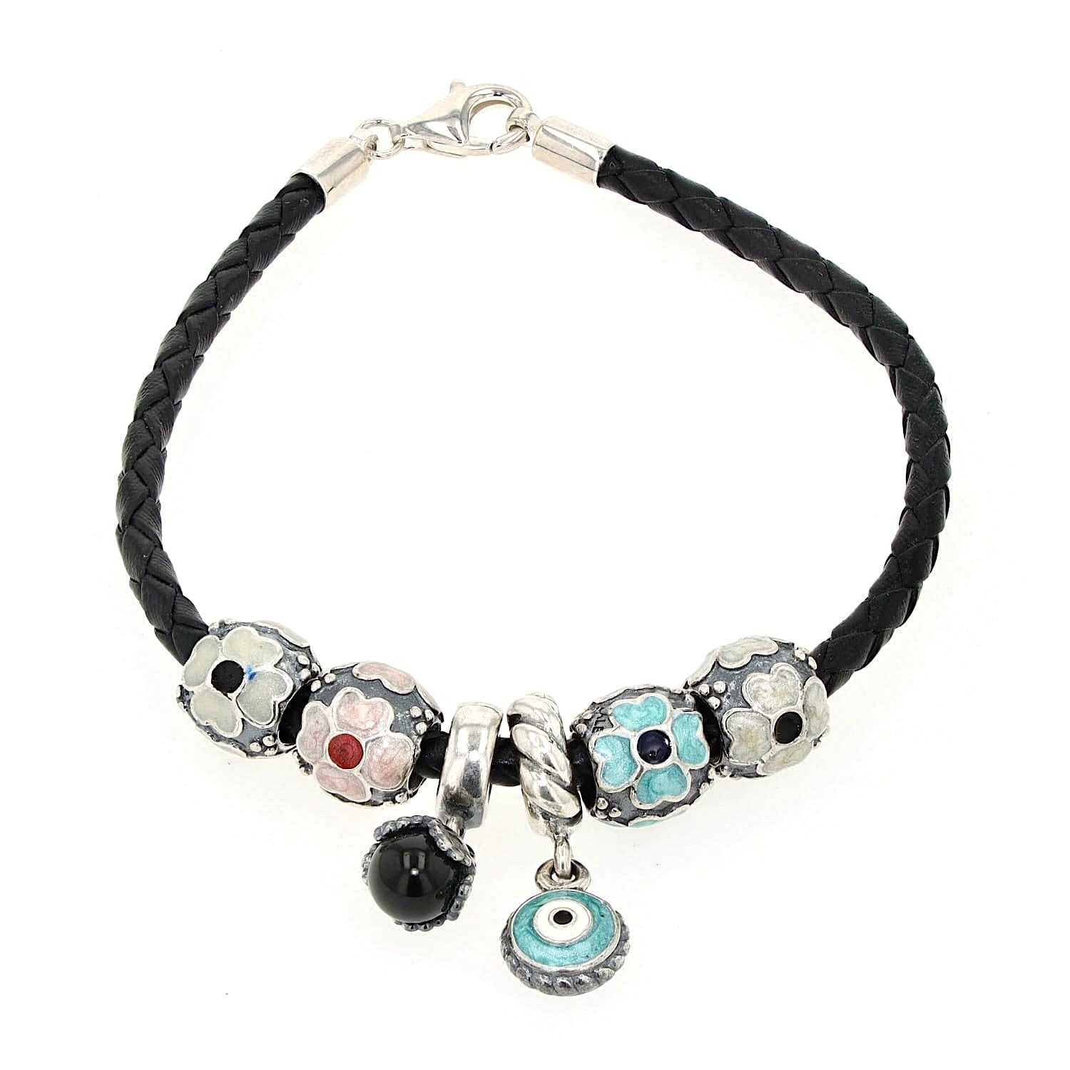 Bracelet in 925 silver with 6 charms from Pandora, lying closed top view