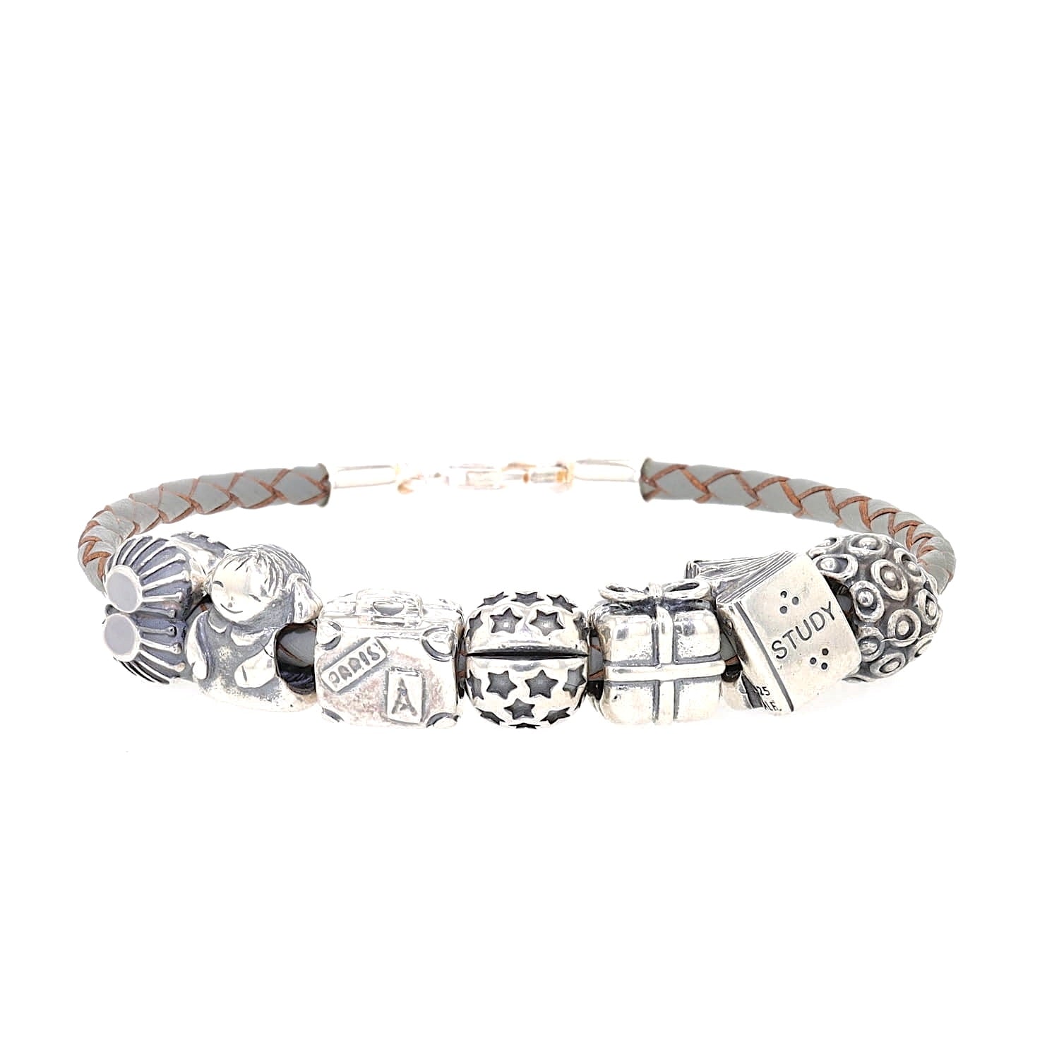 Gray leather bracelet with 7 charms, 6 of which are Pandora beads, lying frontally