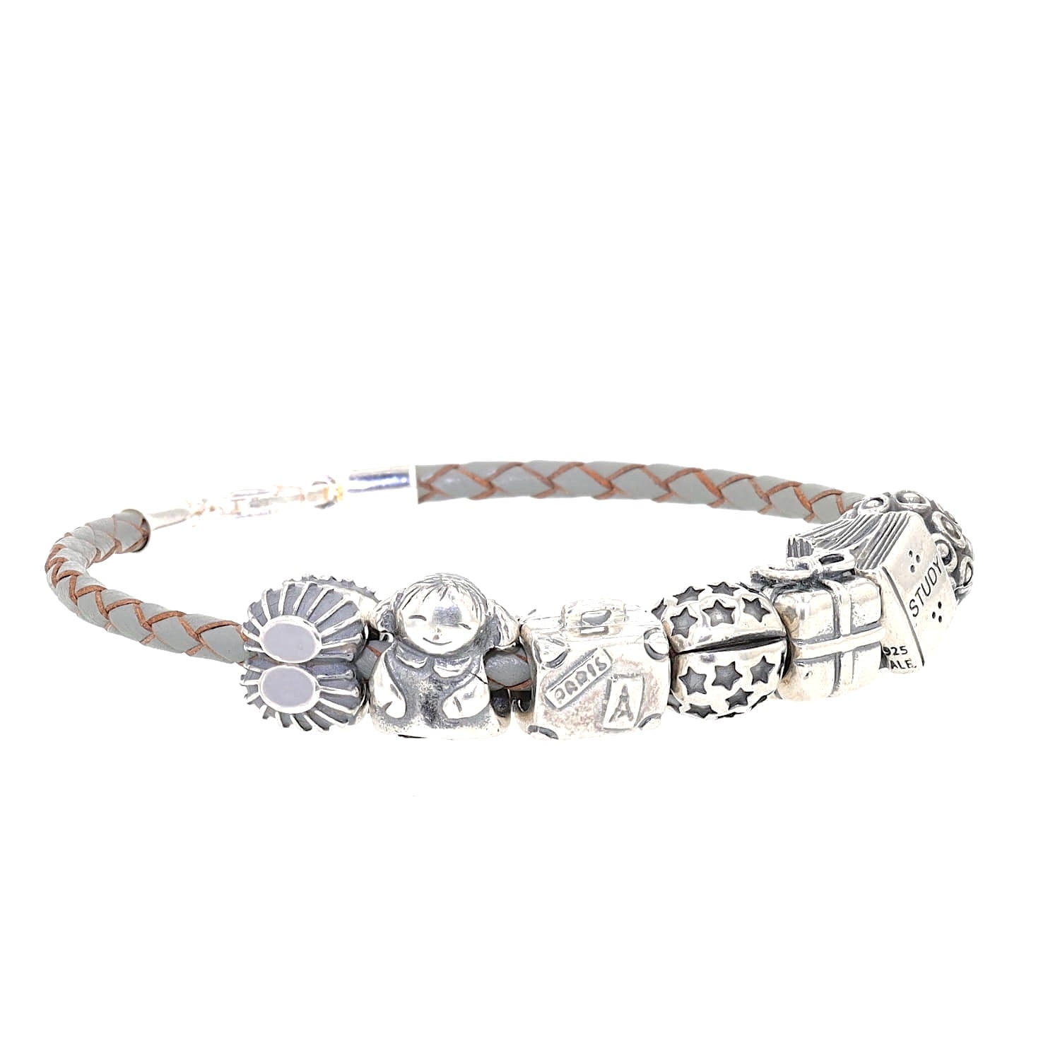 Gray leather bracelet with 7 charms, 6 of which are Pandora beads, turned left-handed