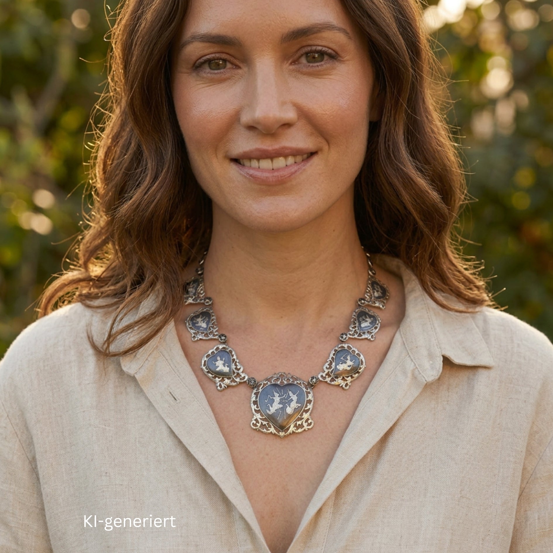 Vintage Collier Sterling Silber Siam Niello, an einer KI-generierten frau Mitte dreißig im Boho Stil