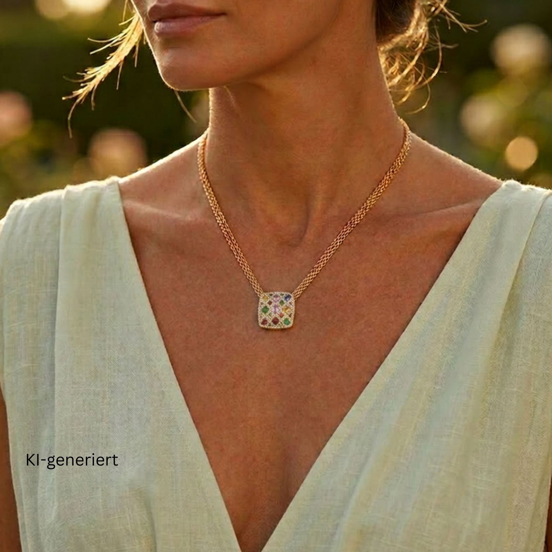 Edles Collier aus 750er Gelbgold mit Brillanten, bunten Saphiren, Rubinen und Tsavorithen, am Hals einer Frau in einem hellgrünen Kleid
