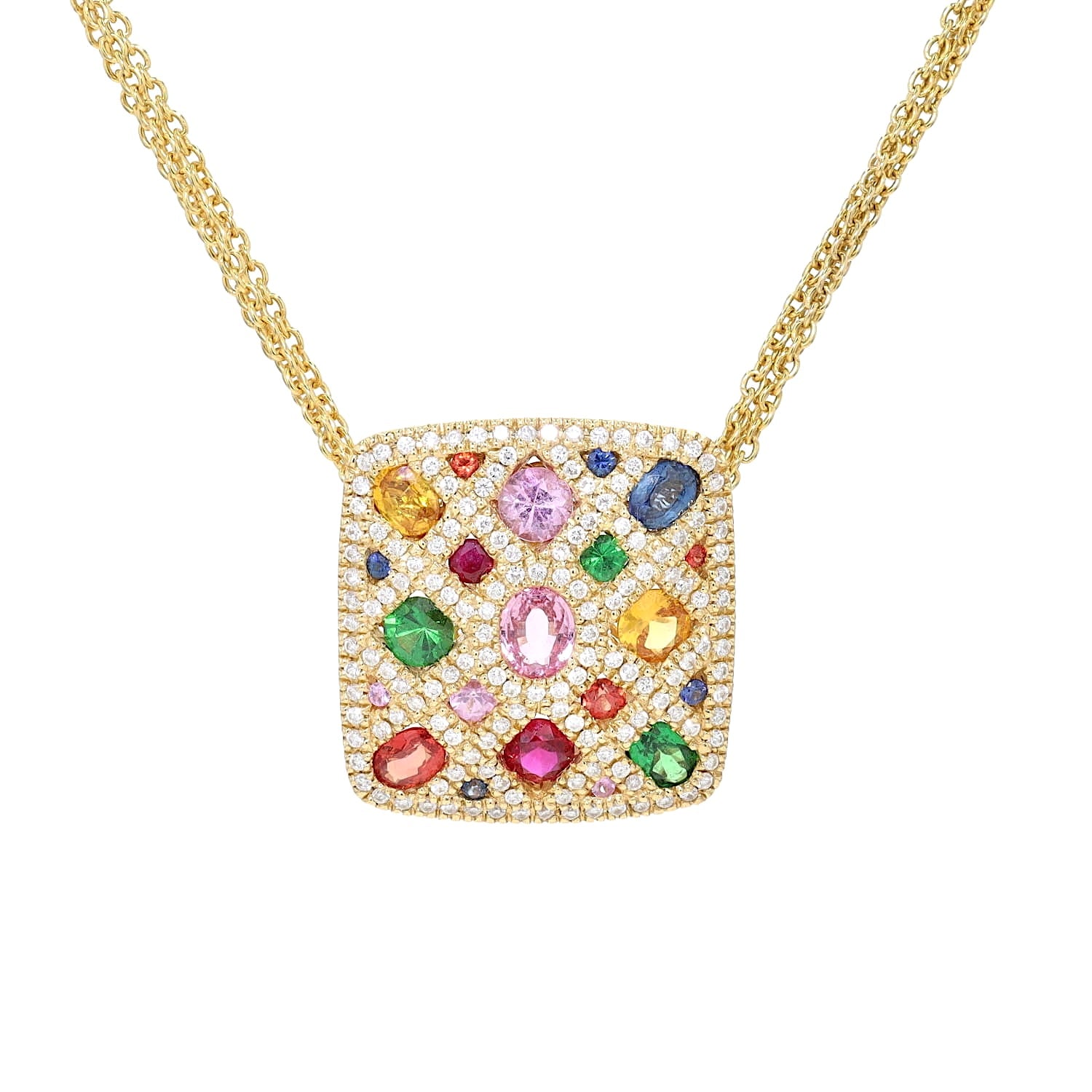Edles Collier aus 750er Gelbgold mit Brillanten, bunten Saphiren, Rubinen und Tsavorithen, hängend nah frontal