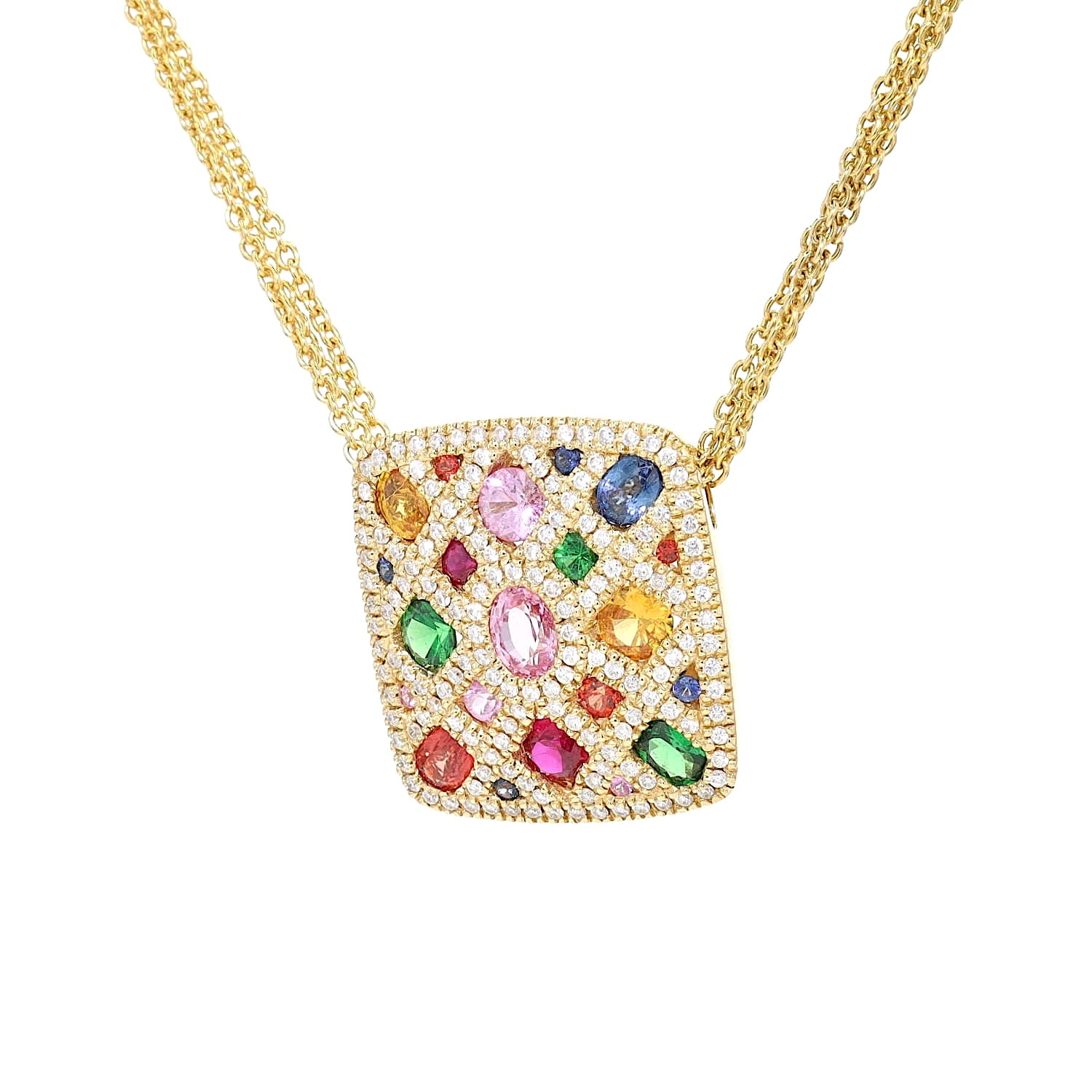 Edles Collier aus 750er Gelbgold mit Brillanten, bunten Saphiren, Rubinen und Tsavorithen, hängend nah links gedreht
