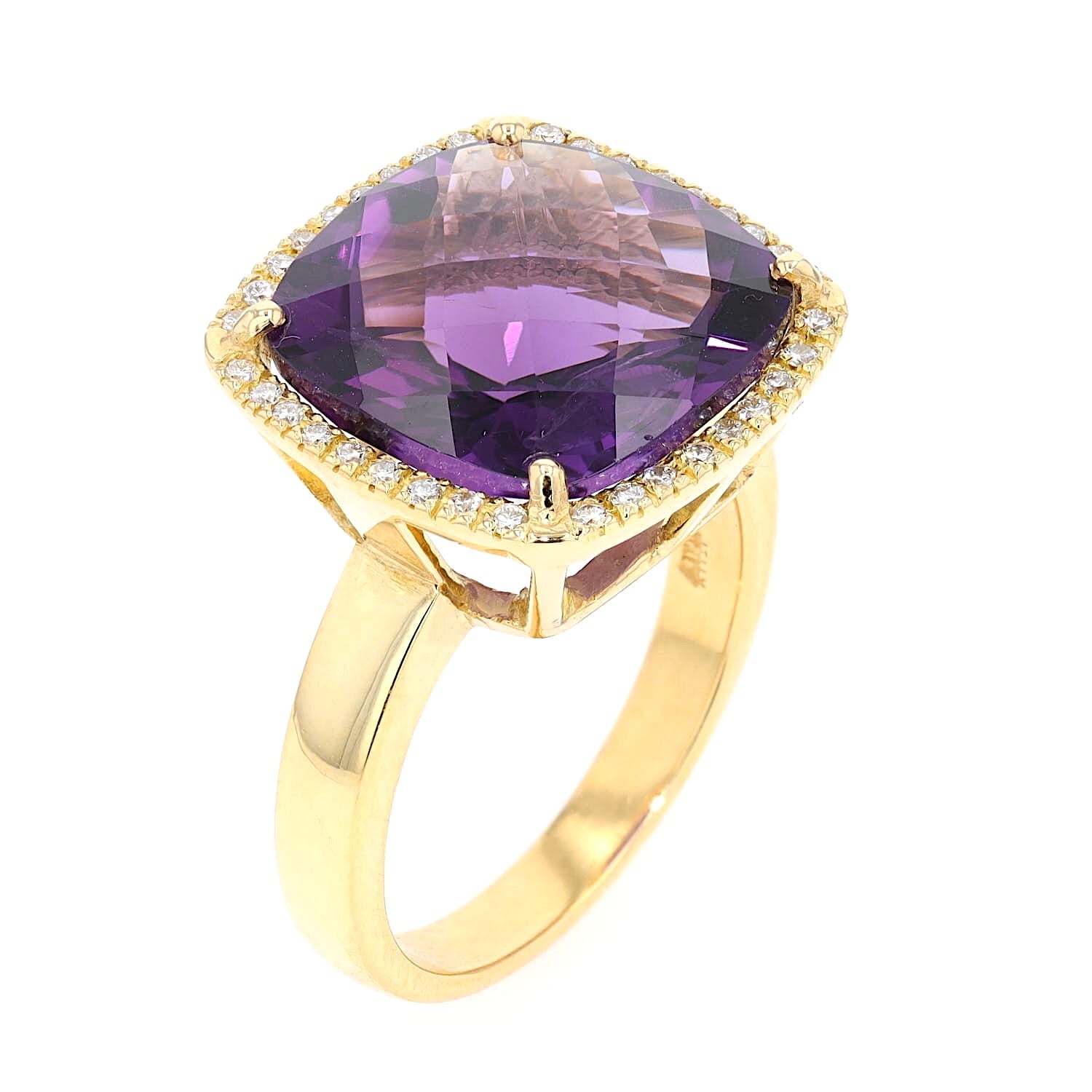 Großer italienischer Ring in 750er Gelbgold mit einem Amethyst und Brillanten, stehend