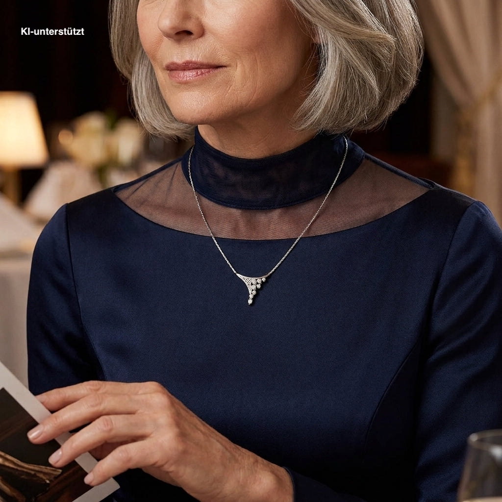 Necklace in 585 white gold with a total of approx. 0.70 ct Brilliants and diamonds, on an AI-generated woman