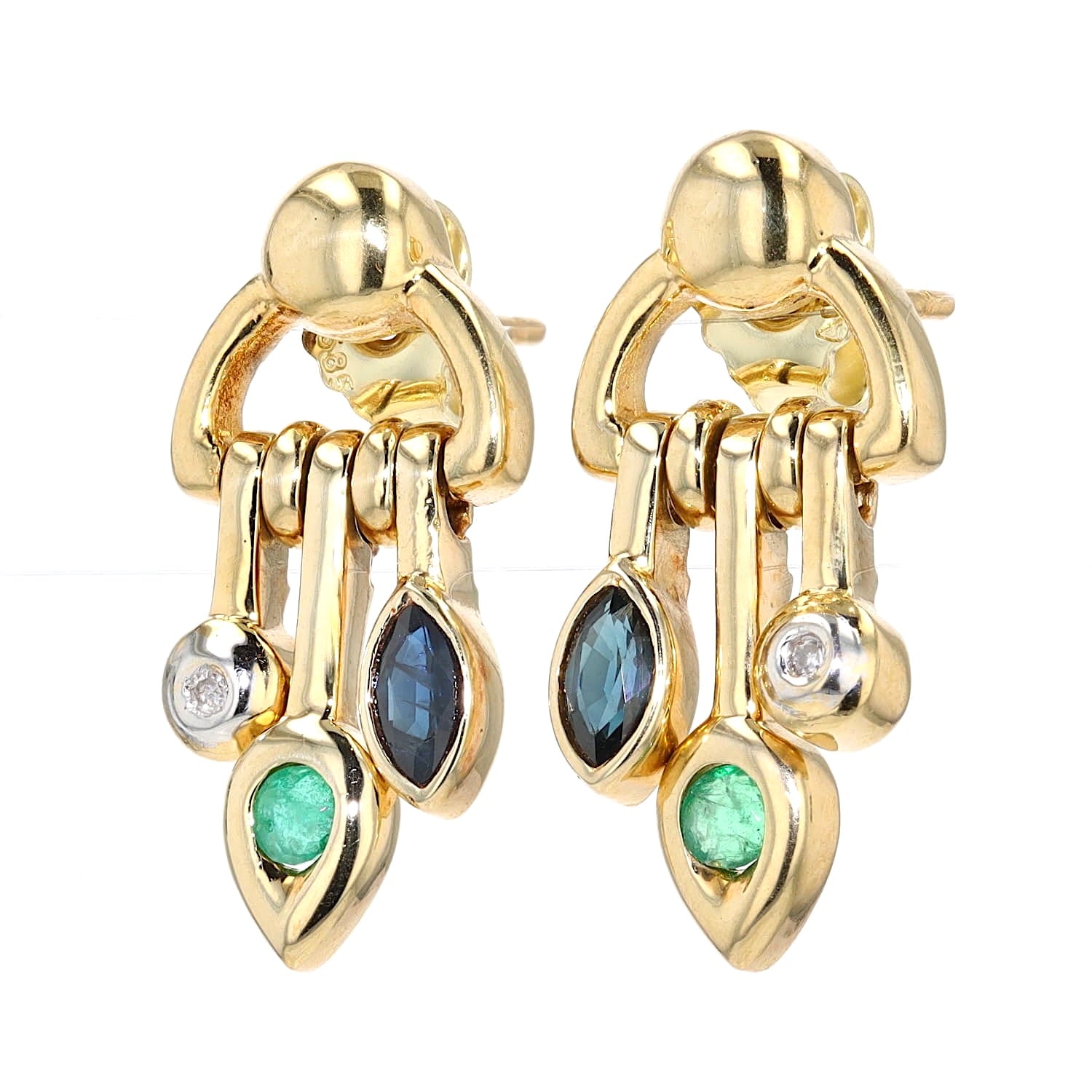 Ohrringe in 585er Gelbgold mit je einem Diamant, Smaragd und blauem Saphir, hängend frontal