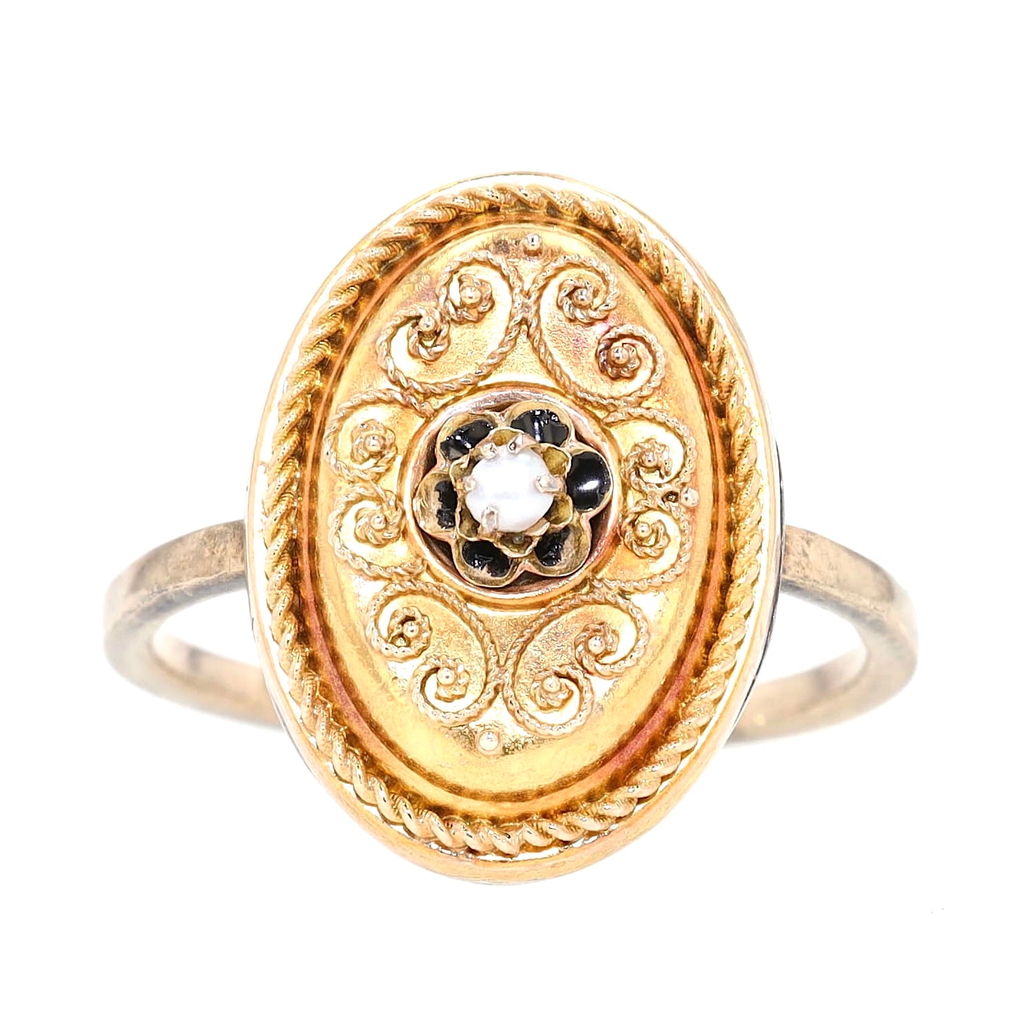 Antiker Ring um 1900 aus 333er Gold und vergoldet mit einer Saatperle, liegend frontal