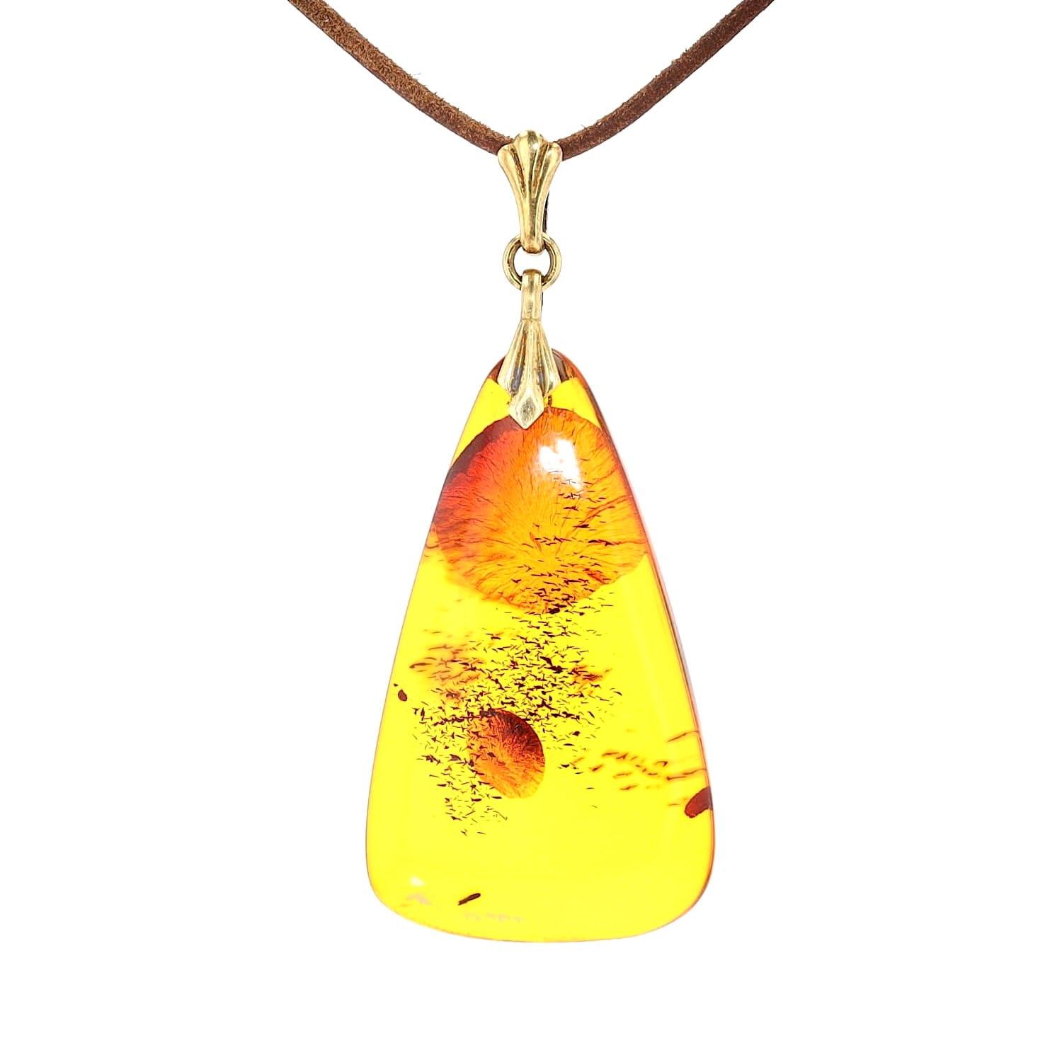 Amber pendant with a setting made of 835 silver, gold-plated, hanging frontally