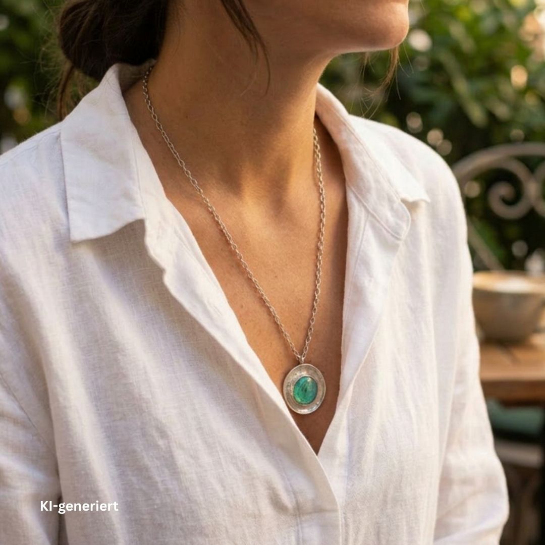 Statement-Kette aus Zinn mit einem grünen Glasstein, an einer KI-generierten Frau im Freizeitlook