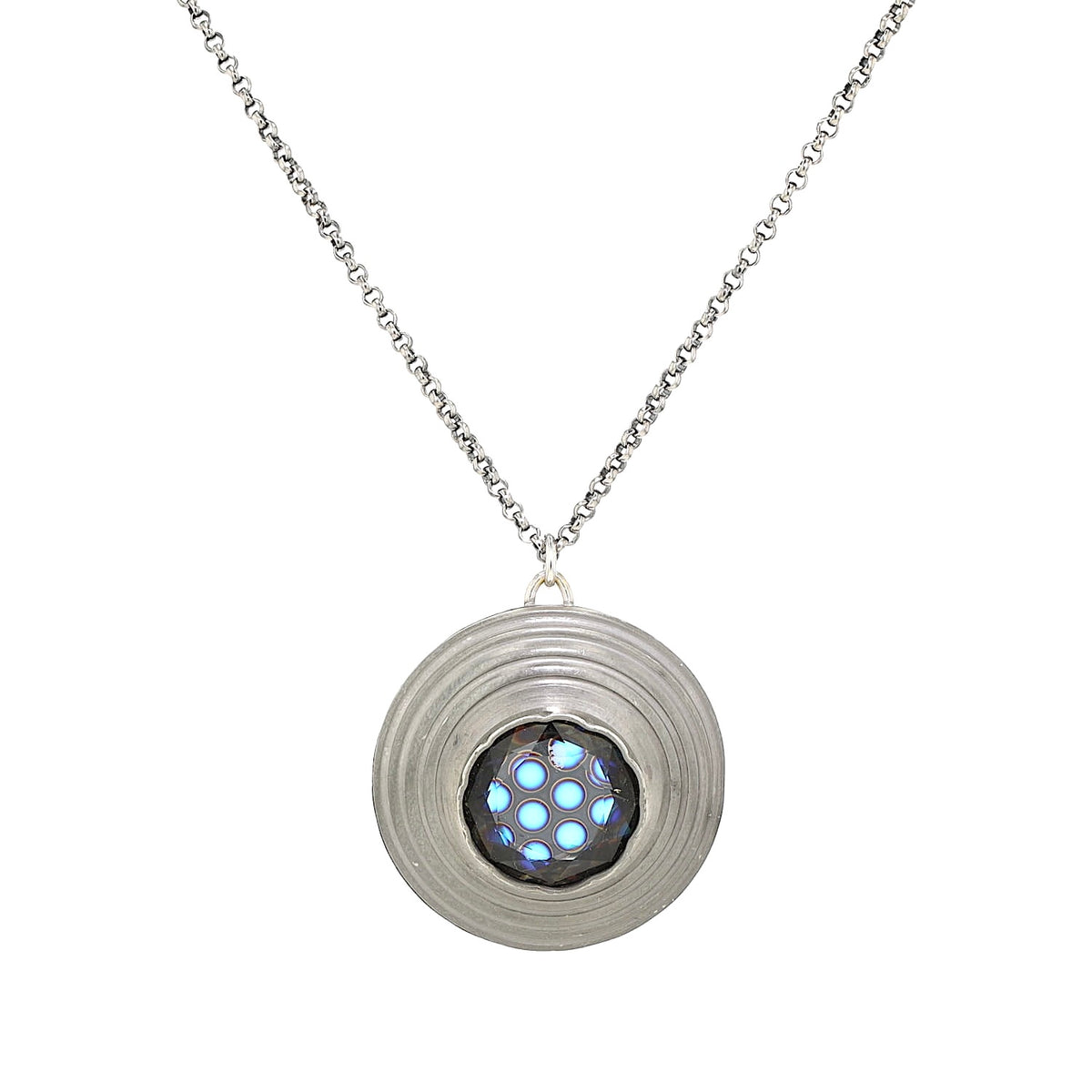 Vintage chain made of 925 silver with a Danish pendant made of pewter with a blue glass stone, hanging frontally