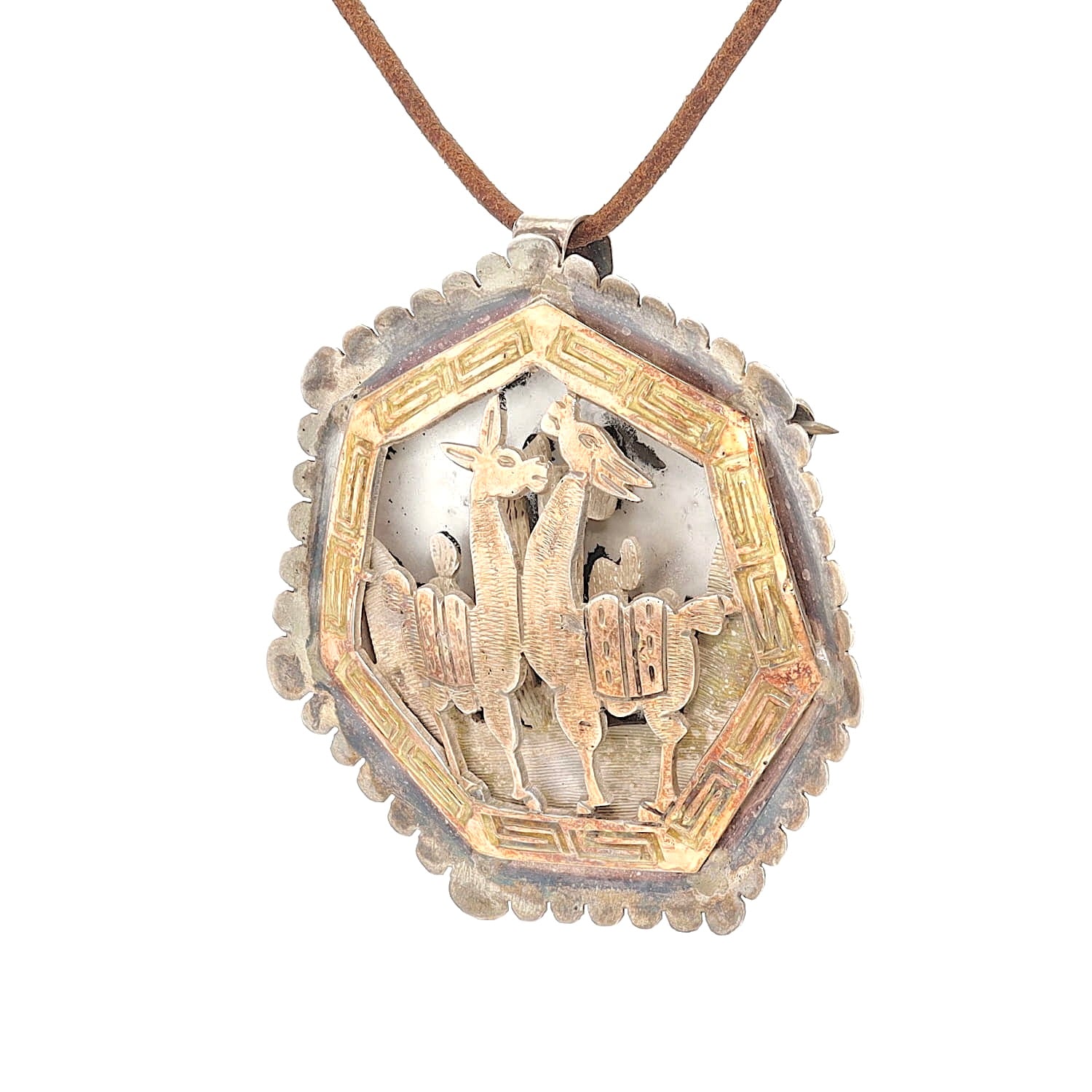 Peruanischer Vintage Anhänger/Brosche aus 925er Silber mit Vergoldung, hängend links gedreht