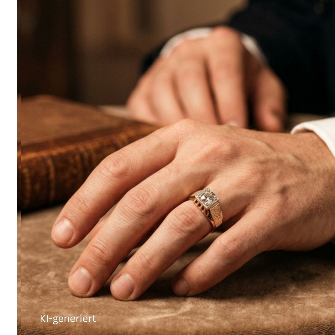 Ring in 585er Gelbgold mit einem ca. 0,95 ct Diamanten, KI-generiert an eine Männerhand