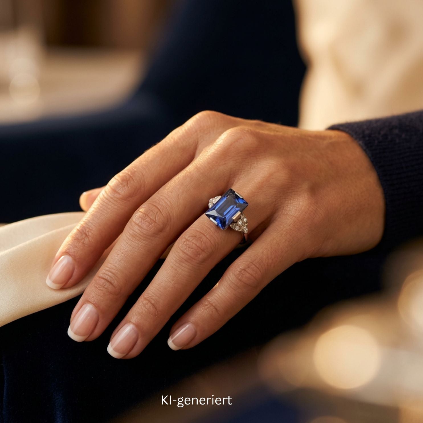 Art Déco Ring in Platin mit einem synthetischen blauen Saphir und Diamanten, an einer KI-generierten Frauenhand
