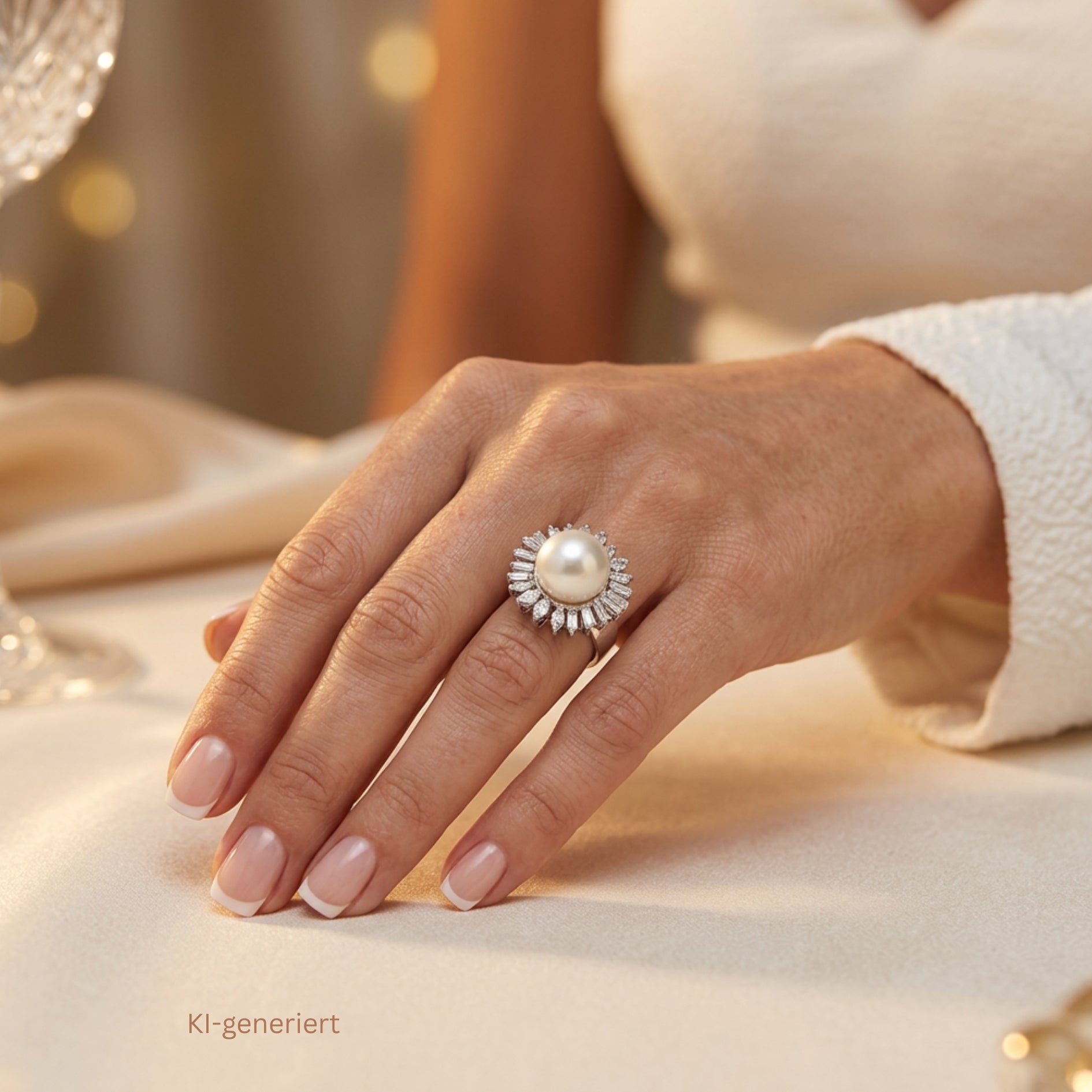 Cocktail-Ring in 750er Weißgold mit einer großen Südsee-Zuchtperle und insgesamt ca. 1,7 ct Diamanten, an einer Ki-generierten Frauenhand