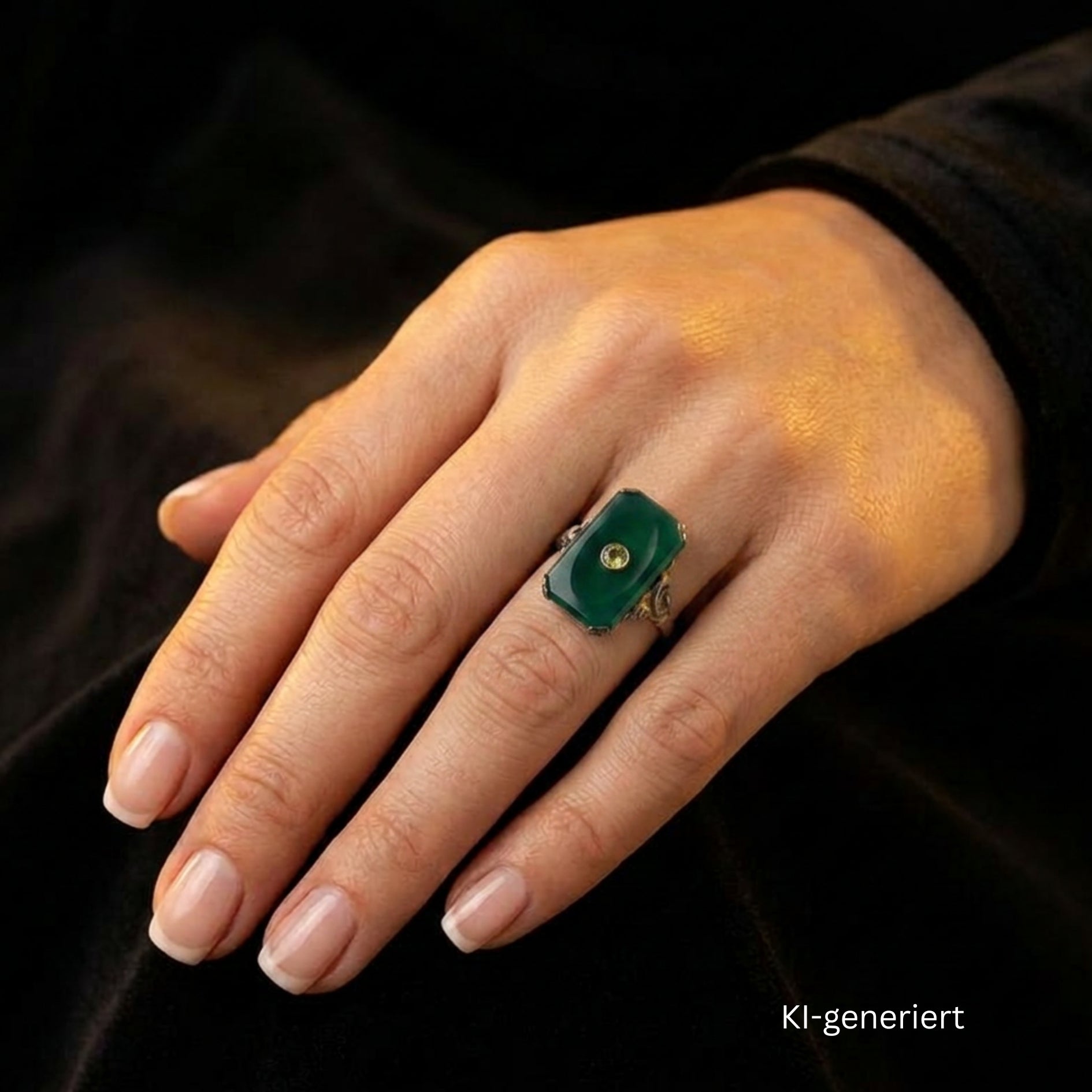 Art Déco Ring in 835er Silber mit einer Chrysopras-Platte und einem Chrysoberyll, an einer Ki-generierten Frauenhand