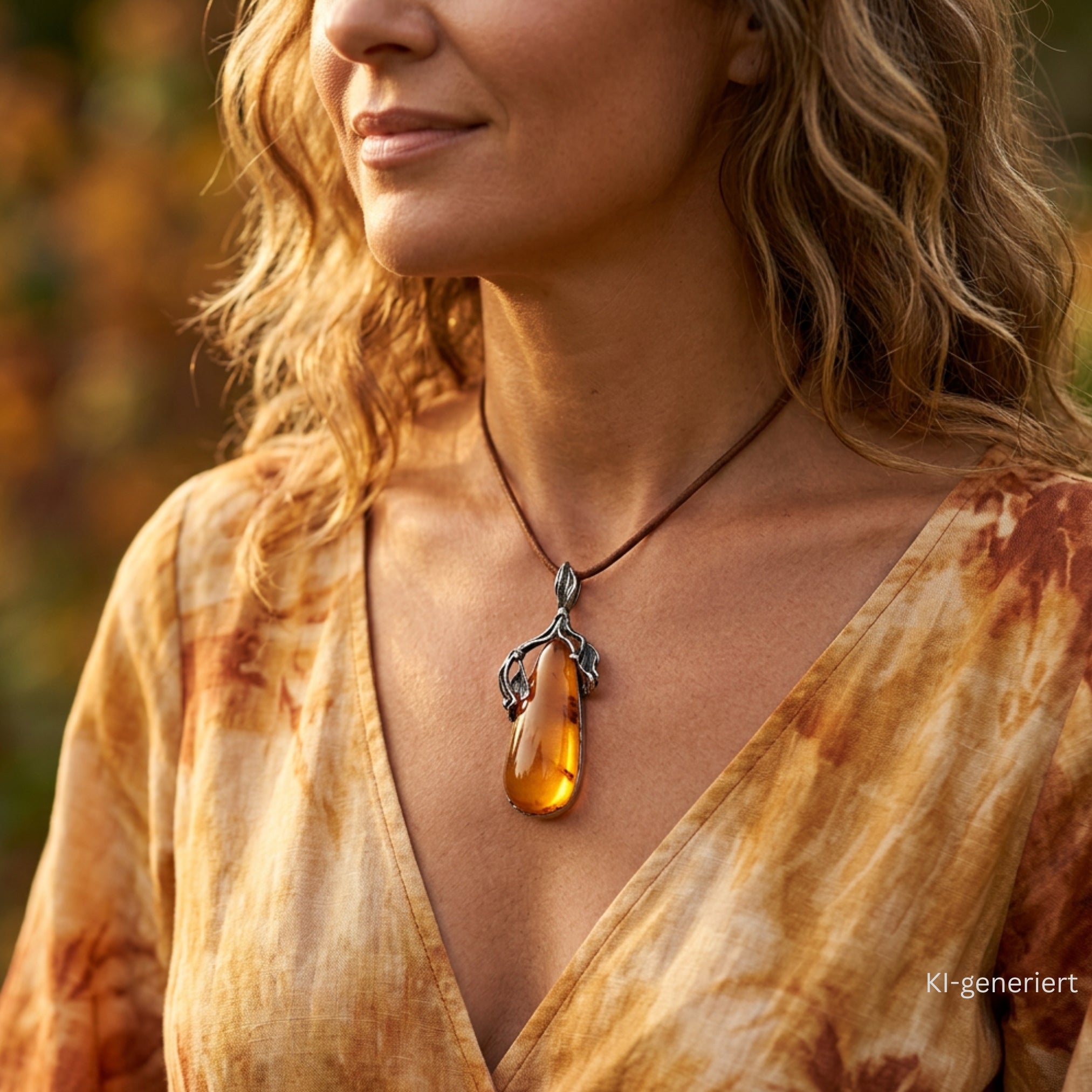 Pendant made of 925 silver with an amber, on an AI-generated woman