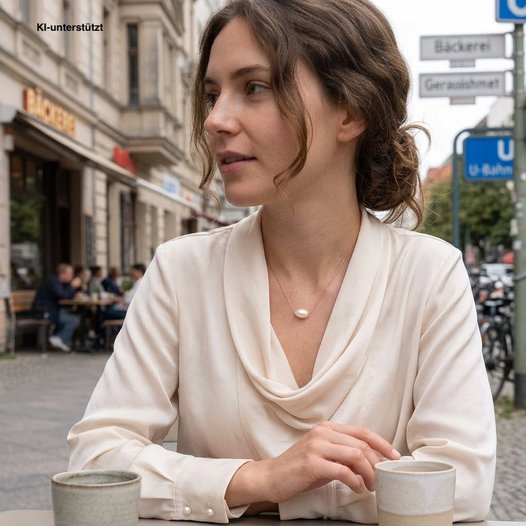 ANNA necklace in 750 rose gold with a freshwatercultured pearl, hanging frontally, on an AI-generated woman with a blouse
