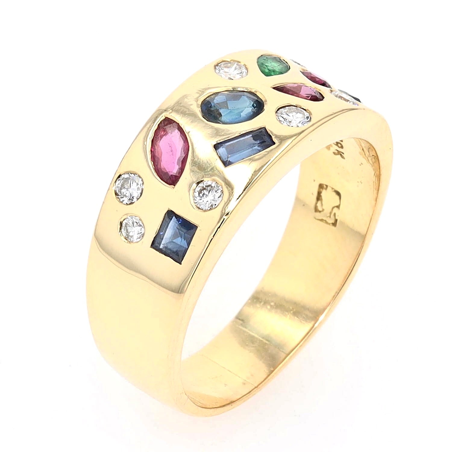 Ring in 750 yellow gold Brilliants, sapphires, rubies and an emerald, standing