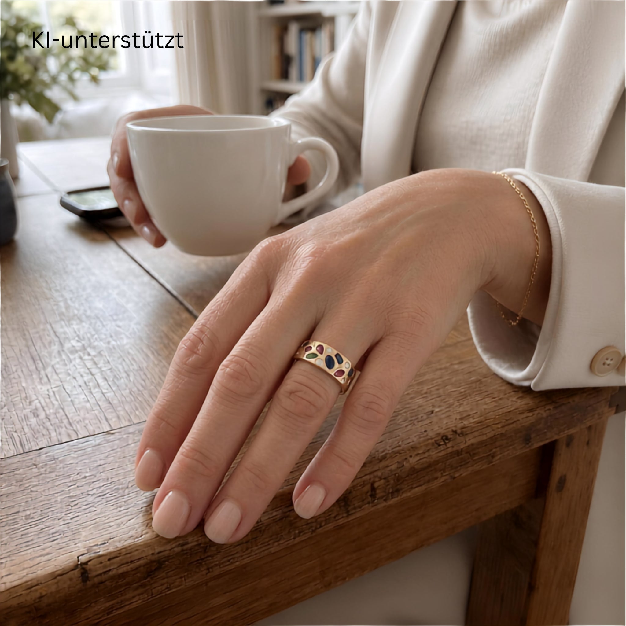 Ring in 750 yellow gold Brilliants, sapphires, rubies and an emerald, on an AI-generated woman's hand
