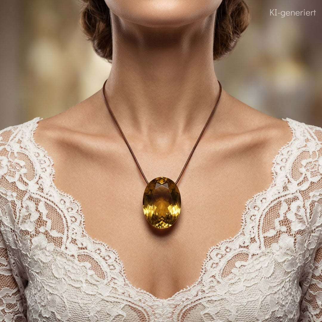388 carat citrine worn as a pendant on an AI-generated woman