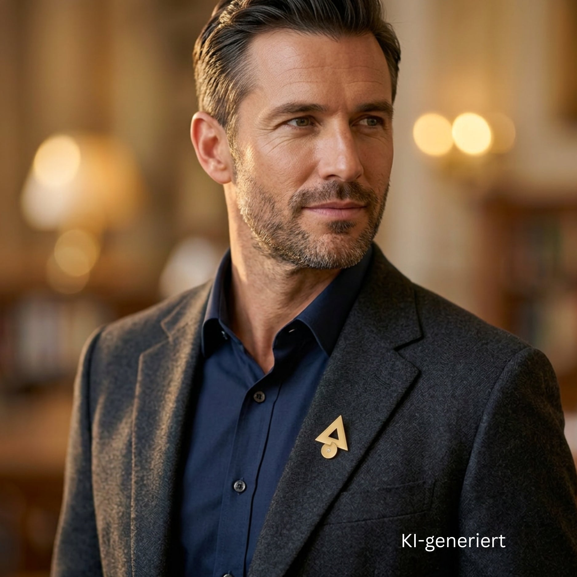 Pin oder auch Ohrring von Niessing in 750er Gelbgold mit einem Brillanten, am Revers eines Mannes KI-generiert