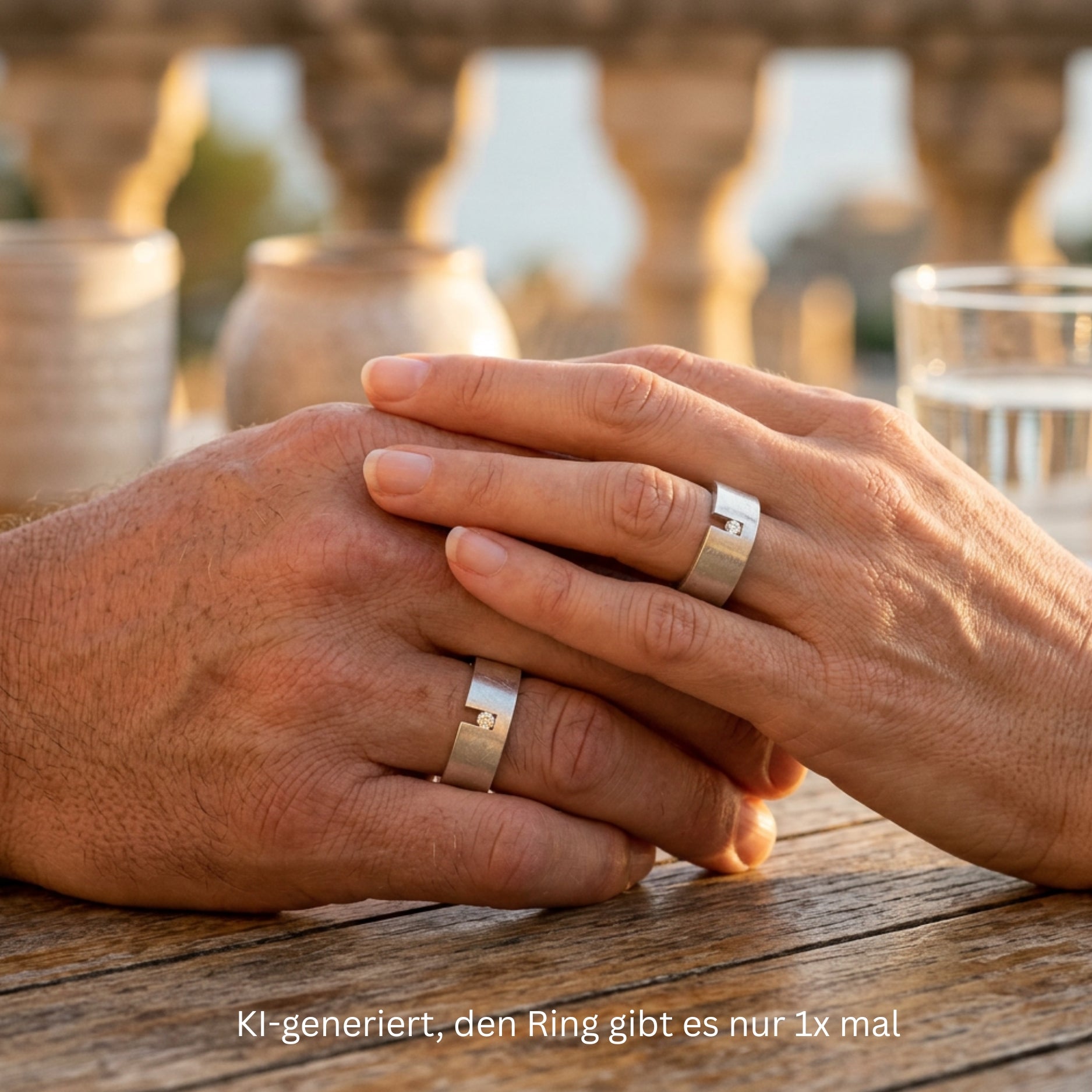 Niessing Ring Modell Laufsteg in 950er Platin mit einem beweglichen Brillanten, Ki-genriertes Bild mit einer Frauen- und Männerhand die jeweils diesen Ring tragen