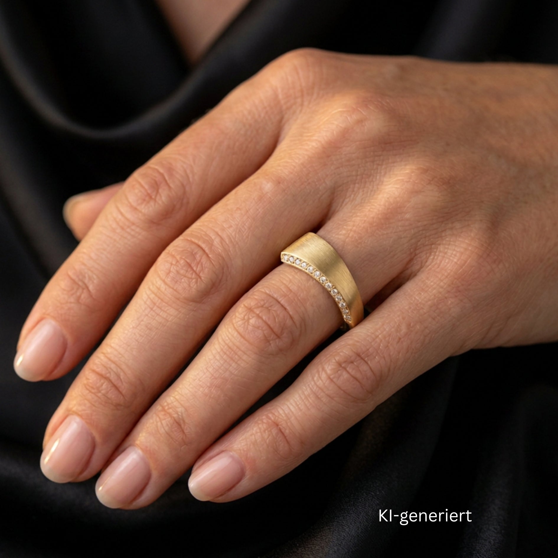 Ring in 750er Gelbgold mit Brillanten, an einer KI-generierten Frauenhand